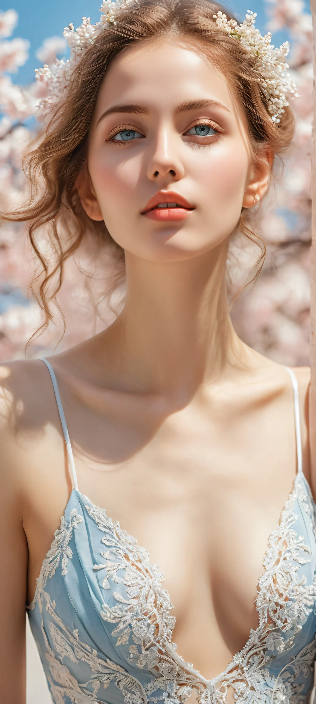 A captivating portrait of a solo female figure on iPhone/Android. Radiant, brilliant colors and ray-traced reflections evoke serenity.