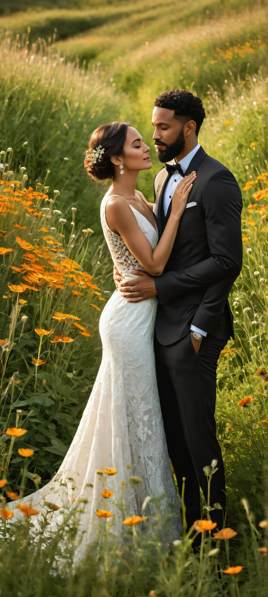 A serene couple surrounded by lush meadow wildflowers and grasses, perfect for iPhone/Android home screens.