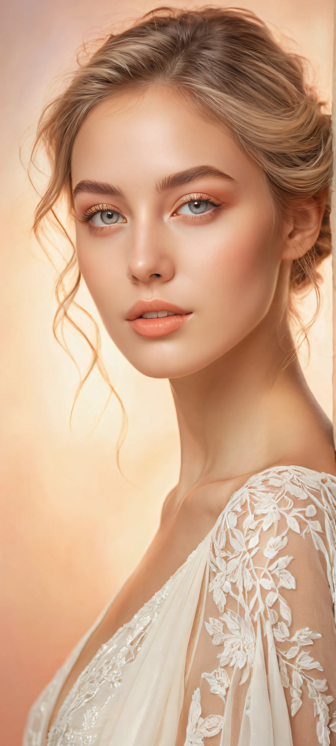 A portrait of a person placed in the lower-middle with intricate micro-details, showcasing real-life lifelike features on iPhone/Android home screens.