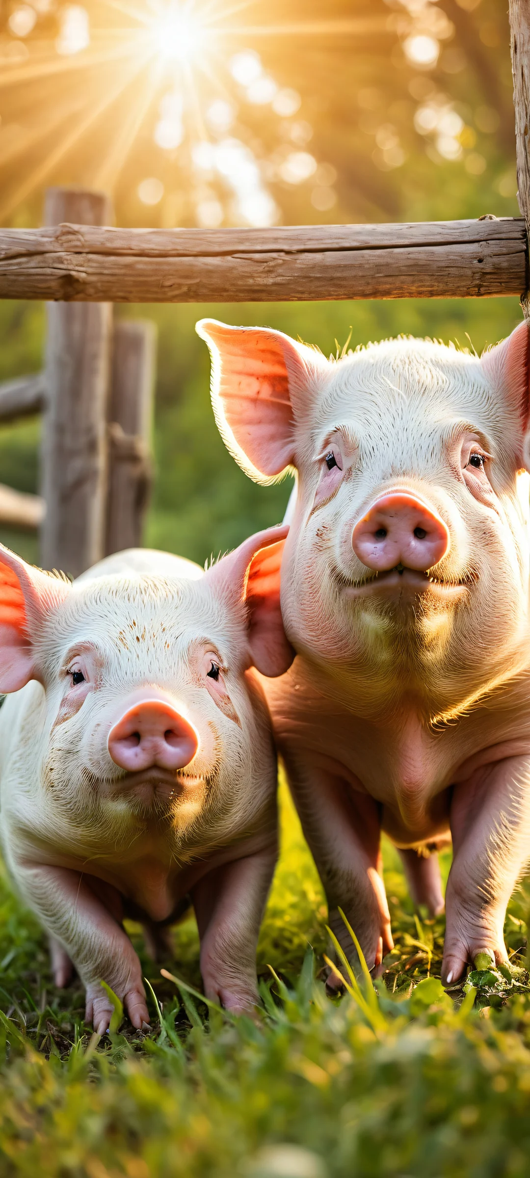 A stunning vertical portrait of two chubby pigs on a peaceful farm setting, iPhone と Android のホーム画面に完全に最適化.