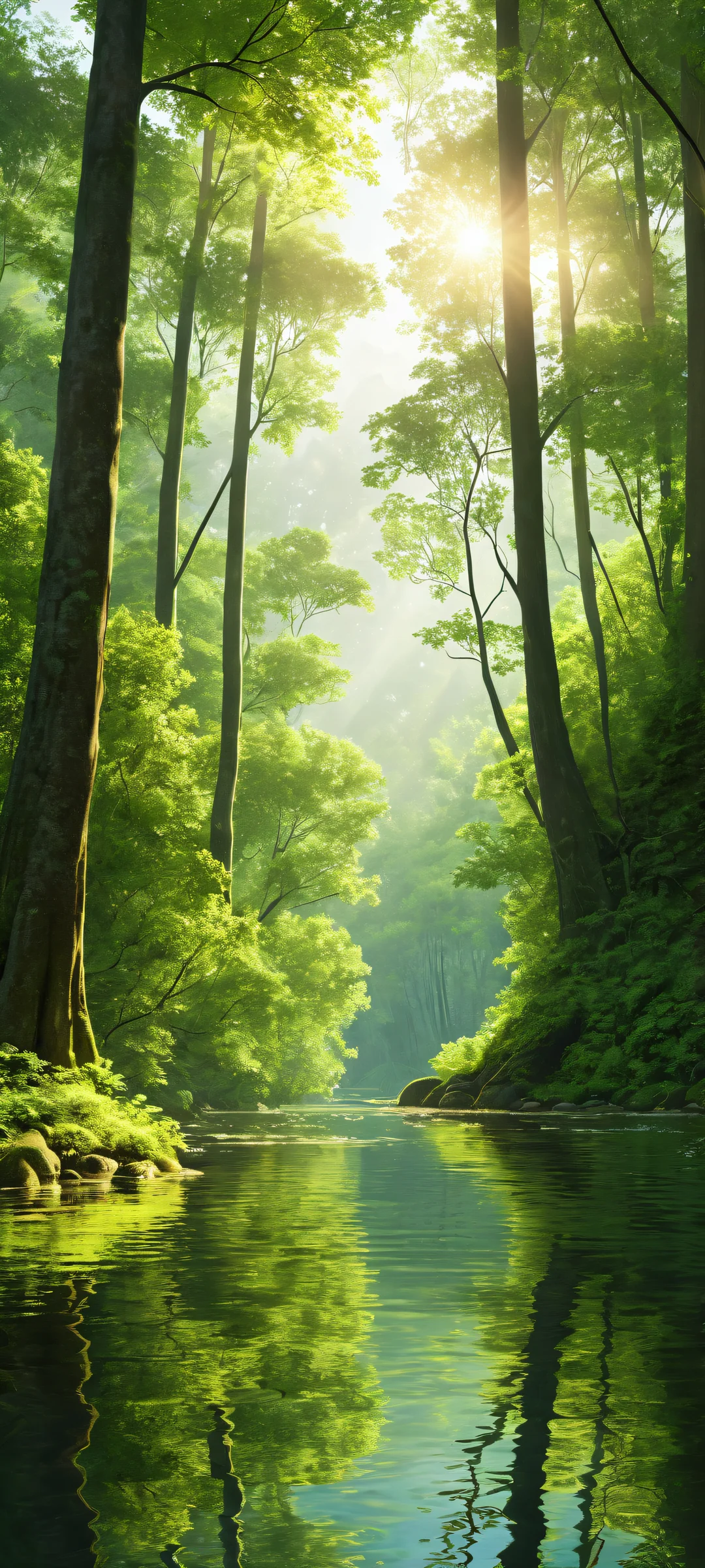 A peaceful forest scene on an iPhone or Android device, with intricate details and ethereal lighting.