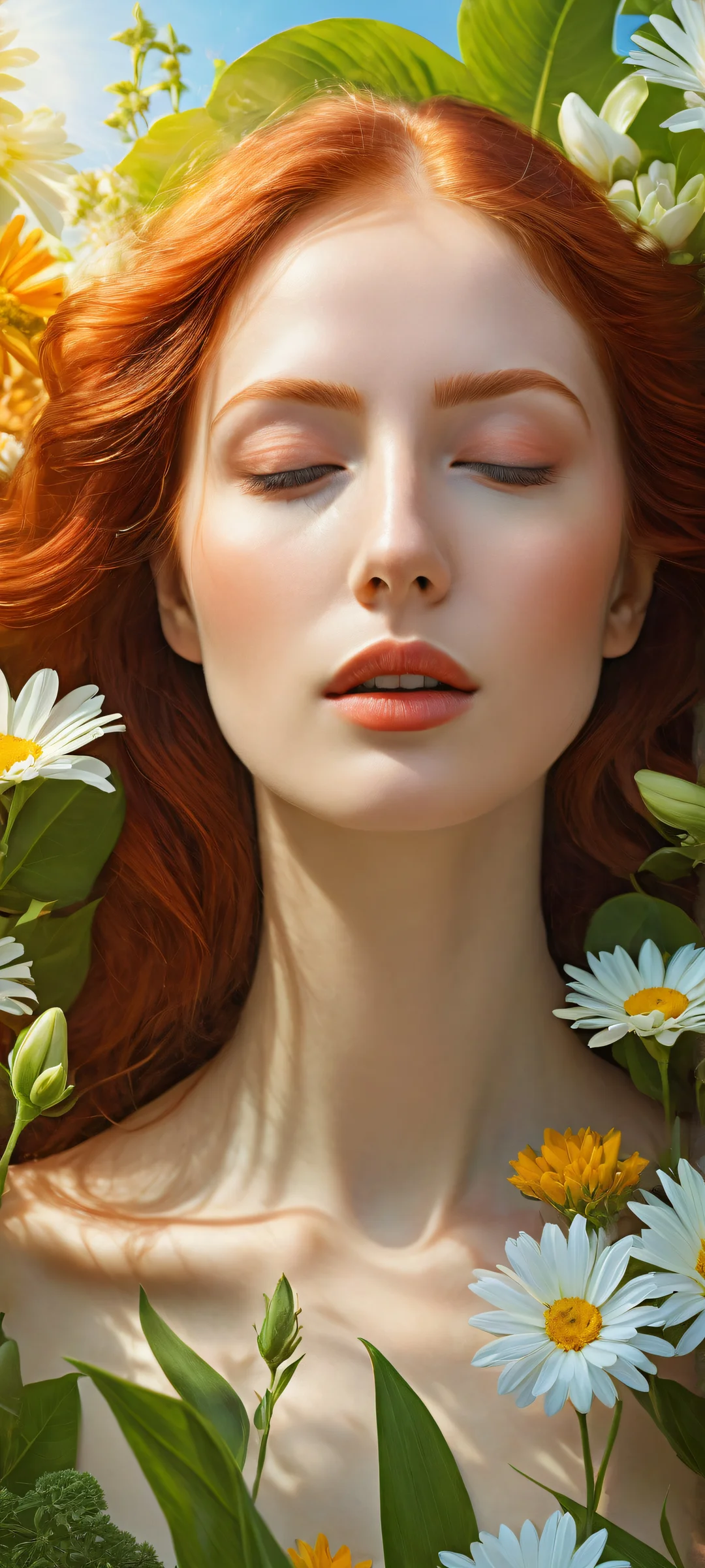 Ethereal portrait artwork of a stunning redhead woman surrounded by flowers on an iPhone or Android device.