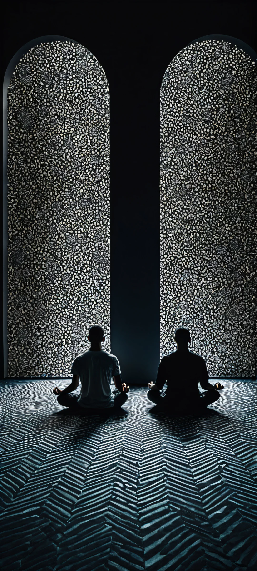 Two men in meditation on iPhone/Android home screen with Angine de Poitrine patterns and soft gradient background.