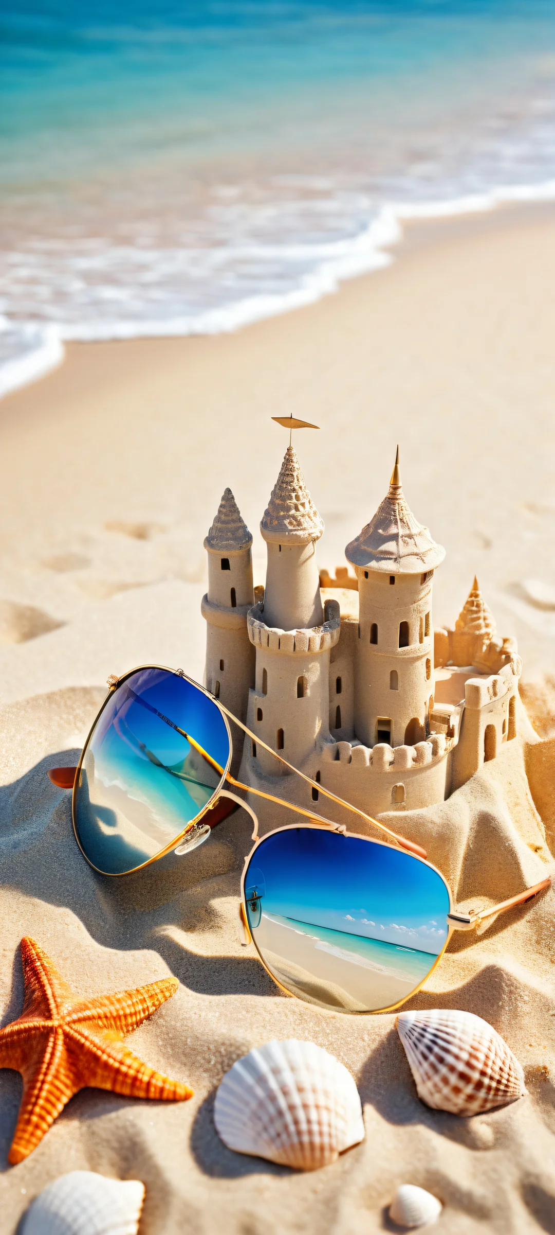A breathtaking vertical portrait artwork of a sand castle and beach scene for your iPhone or Android home screen. Enjoy the serene ambiance.
