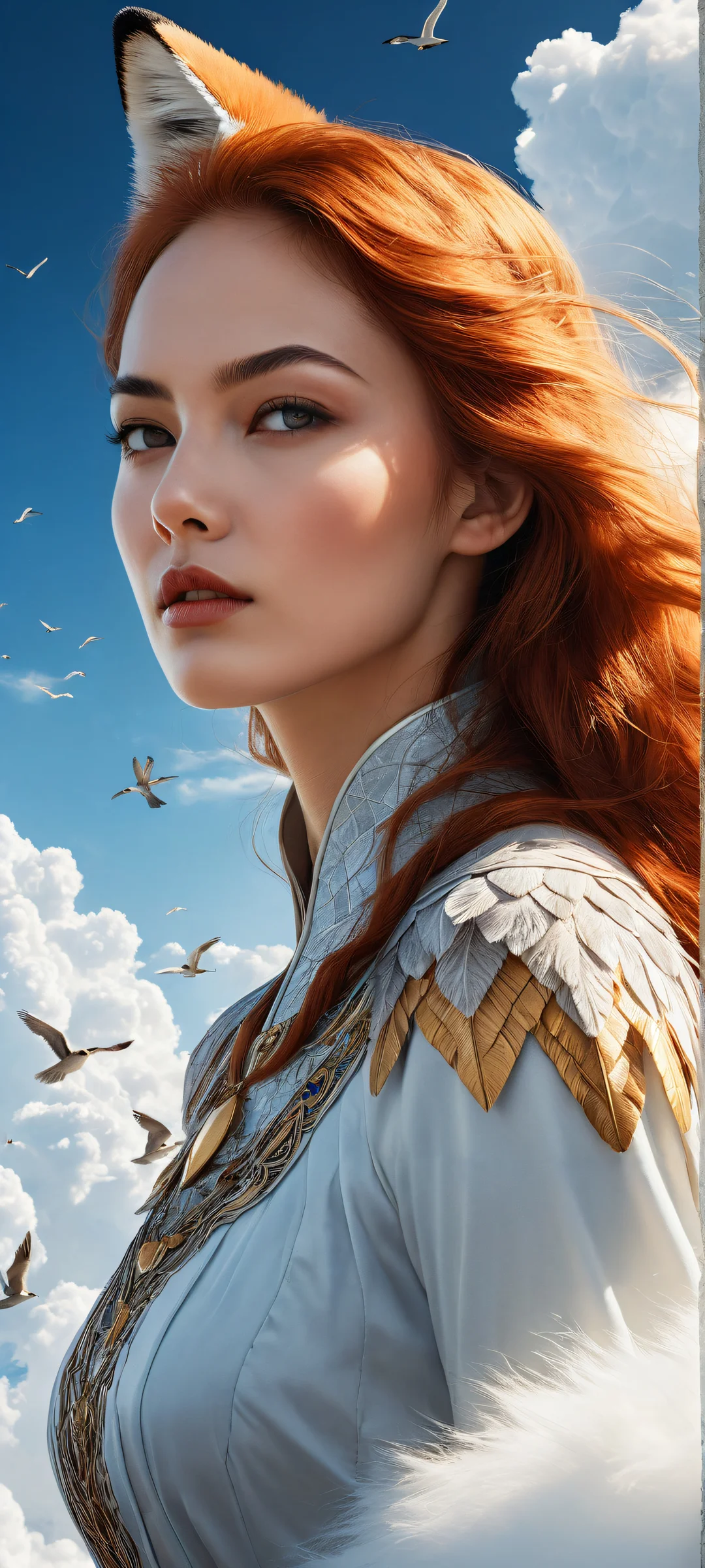 A striking fox girl amidst wolf fur textures and comic book panels, set against a serene blue sky with fluffy clouds and birds flying freely. Perfect for iPhone/Android home screens.