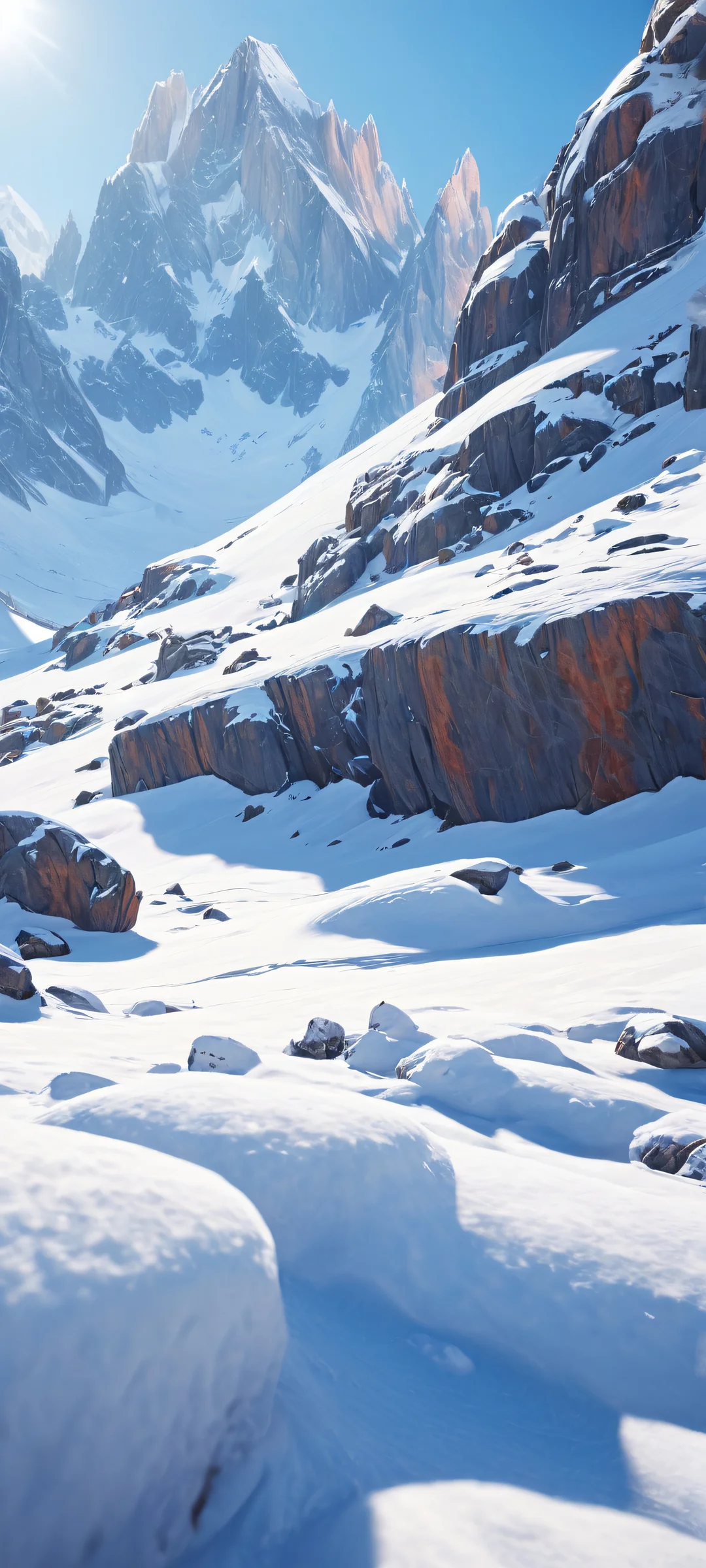 Glowing snow-covered rocks on iPhone/Android mobile wallpaper with a vast void and ray-traced reflections.