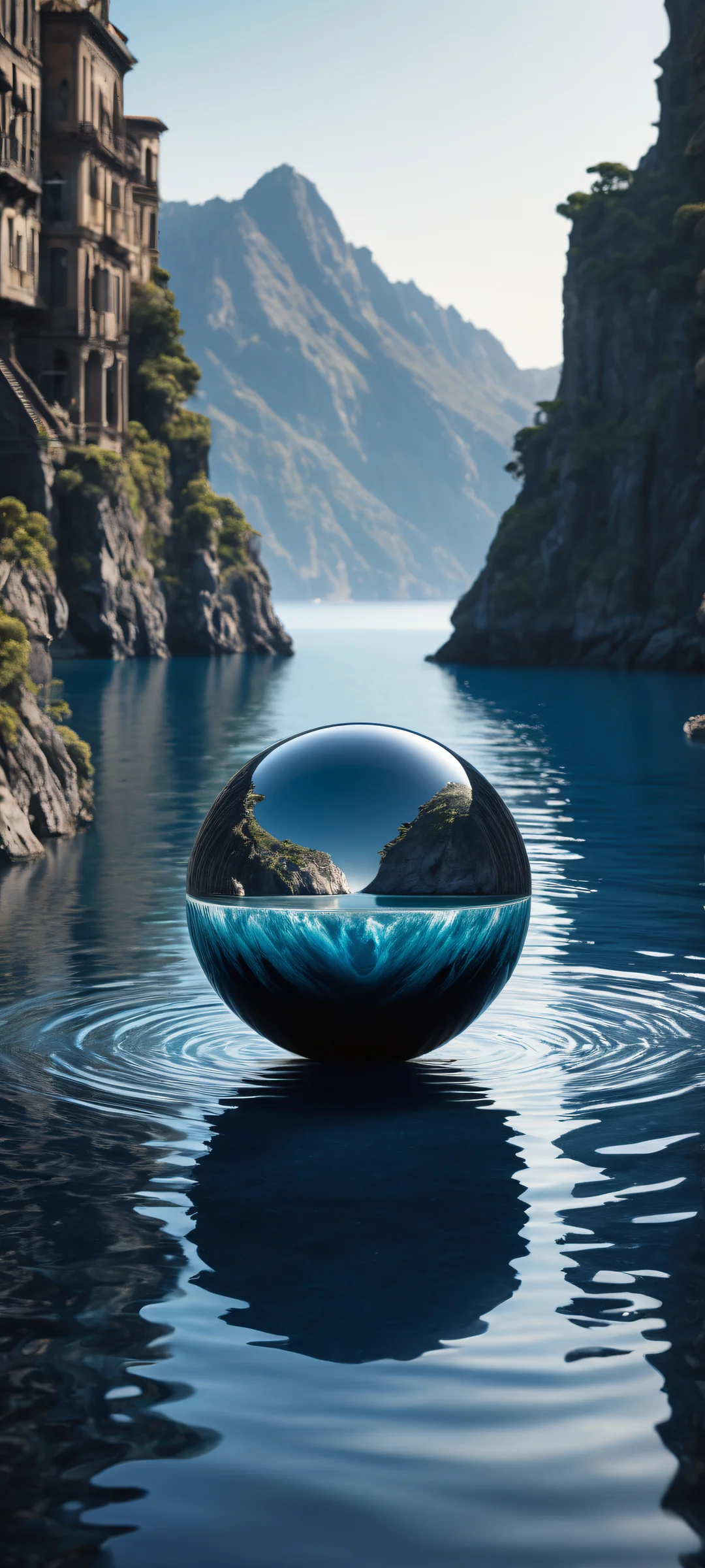Ethereal artwork of a serene sphere on iPhone and Android devices with insane micro-details, perfectly clean top half, and calming blues.
