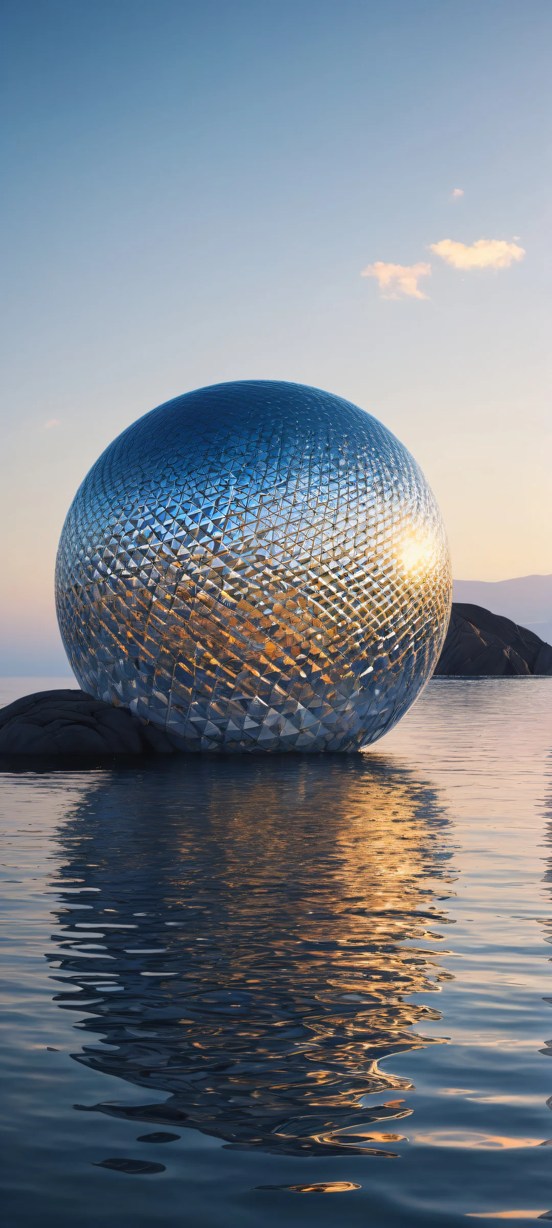 Utilisateur iPhone et Android, behold! A stunning abstract sphere artwork with intricate patterns and textures, perfectly optimized for your home screen. Perfectly clean top half and a breathtaking 8K background of calm water and sky.