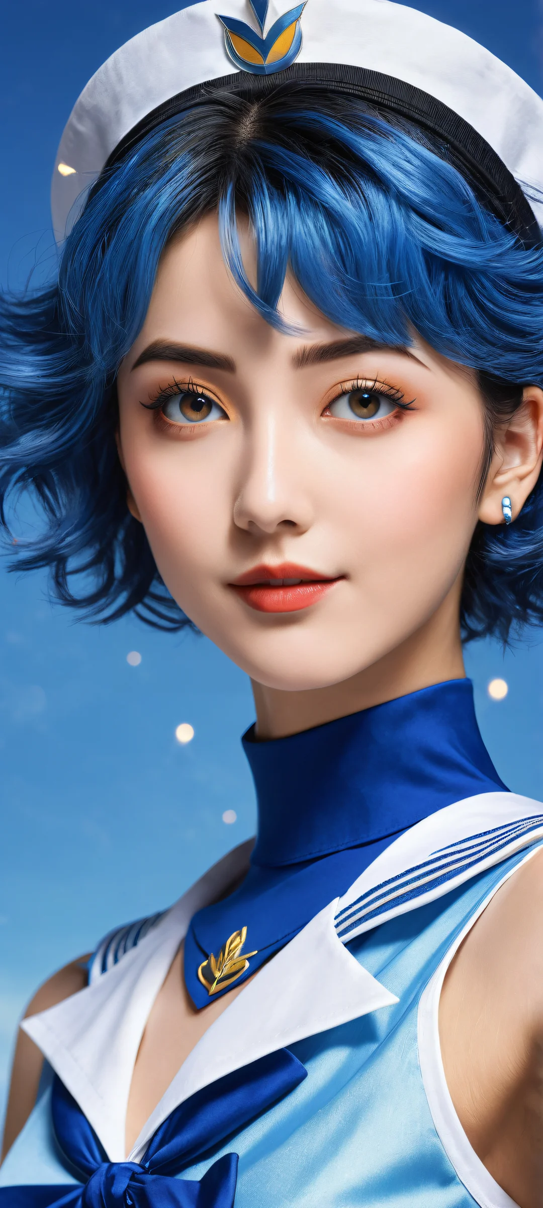 A stunning portrait of Sailor Mercury looking directly at you from a majestic background, perfectly optimized for iPhone and Android home screens.
