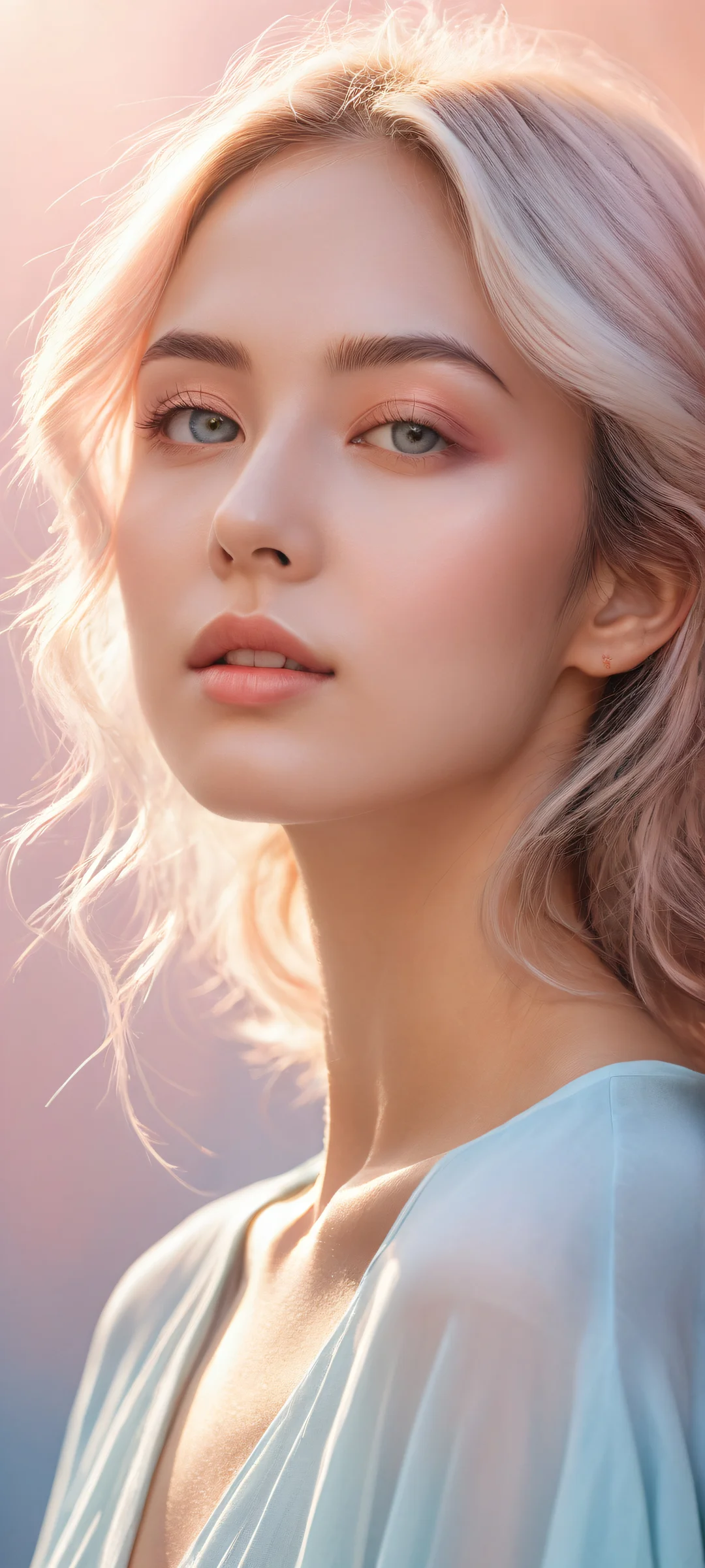 A serene young woman with intricate details, parfaitement optimisé pour les écrans d'accueil iPhone/Android. Perfectly clean top half and a minimalist gradient background evoking tranquility.