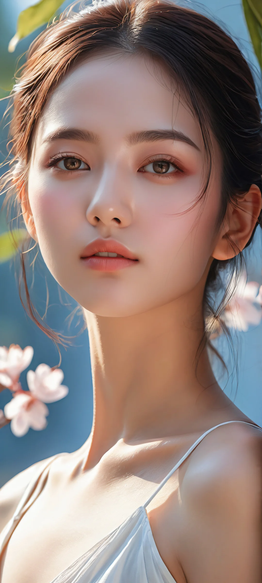 Elegant young woman in a relaxed pose on a dark mode background with intricate micro-details and subtle depth cues. Perfekt für iPhone-/Android-Startbildschirme.