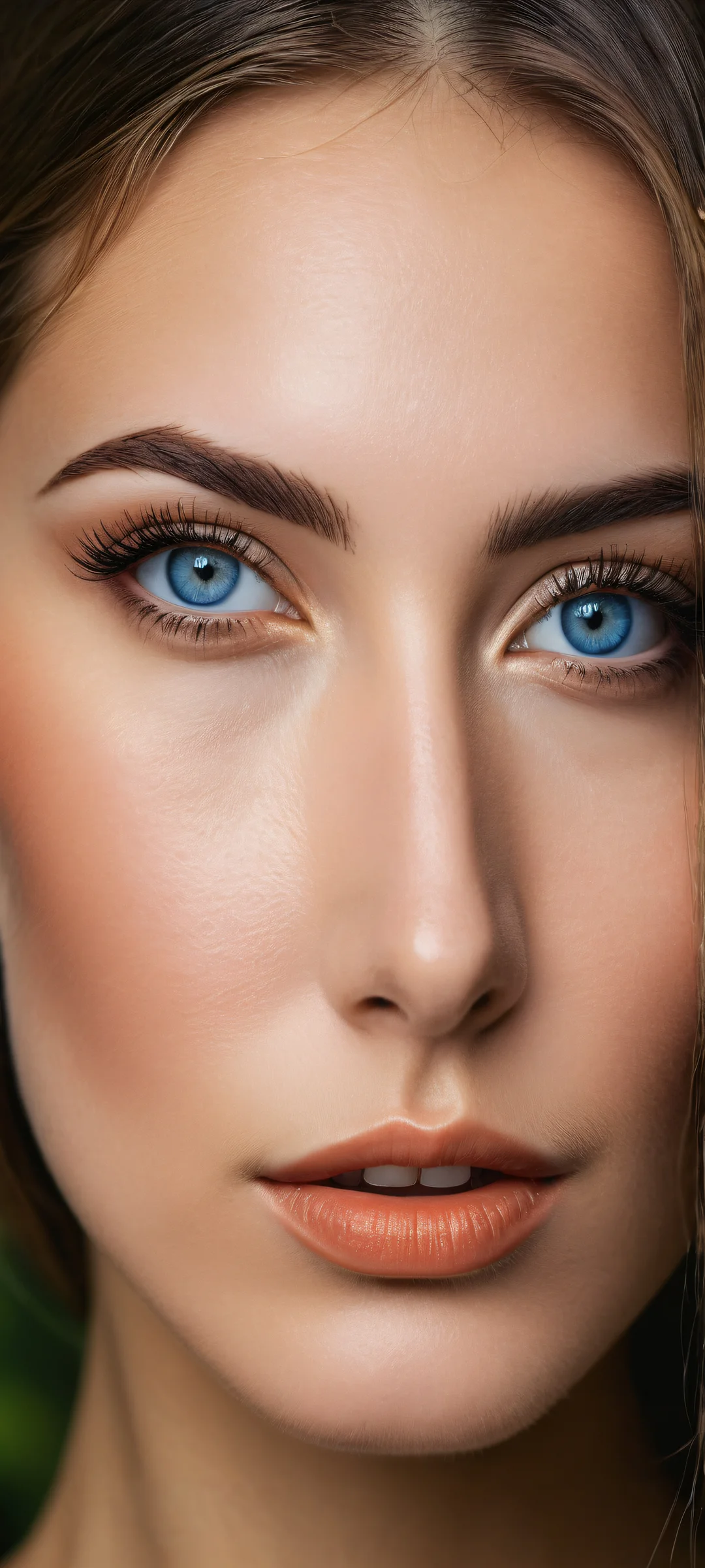 A woman's portrait with intricate details and a serene forest background, perfeito para telas iniciais de iPhone/Android.