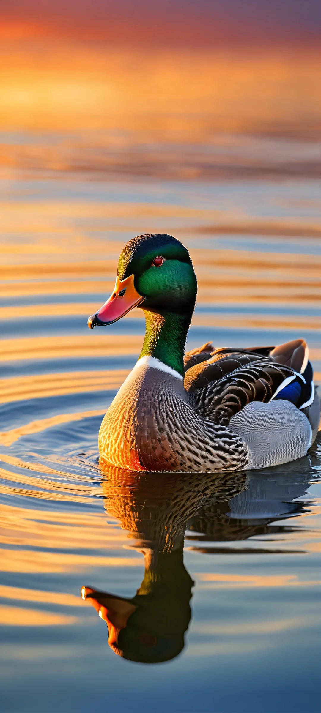 A majestic duck surrounded by a serene sunset scene on an iPhone/Android home screen, featuring intricate details and ray-traced reflections.