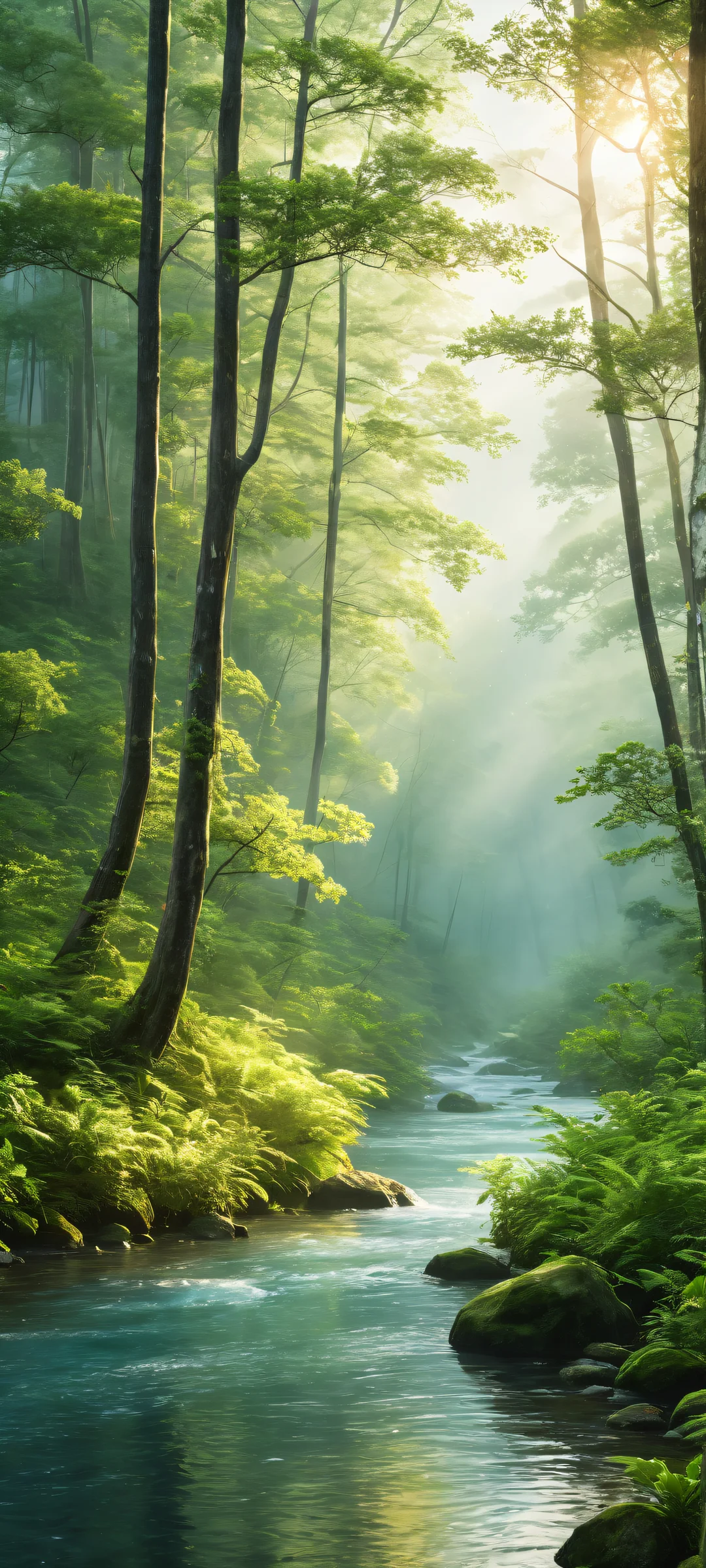 A breathtaking vertical portrait of trees against a vast pure void, with a mystical mist-covered river running through the forest. Perfect for iPhone/Android home screens.