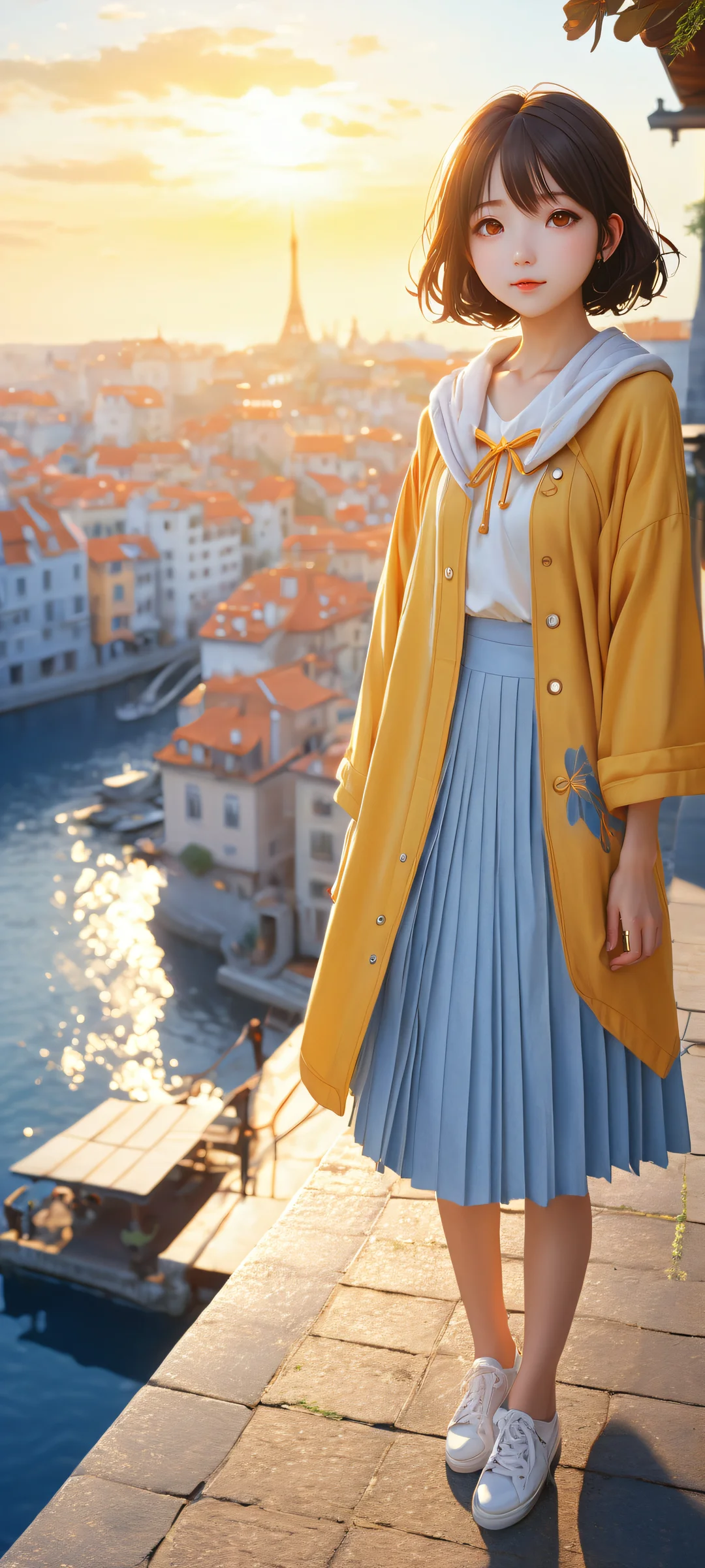 A breathtaking portrait of two anime girls amidst serene scenery and cityscapes, perfekt optimiert für iPhone- und Android-Startbildschirme. The warm glow illuminates the subjects and scenery, with ray-traced reflections adding depth and precision.