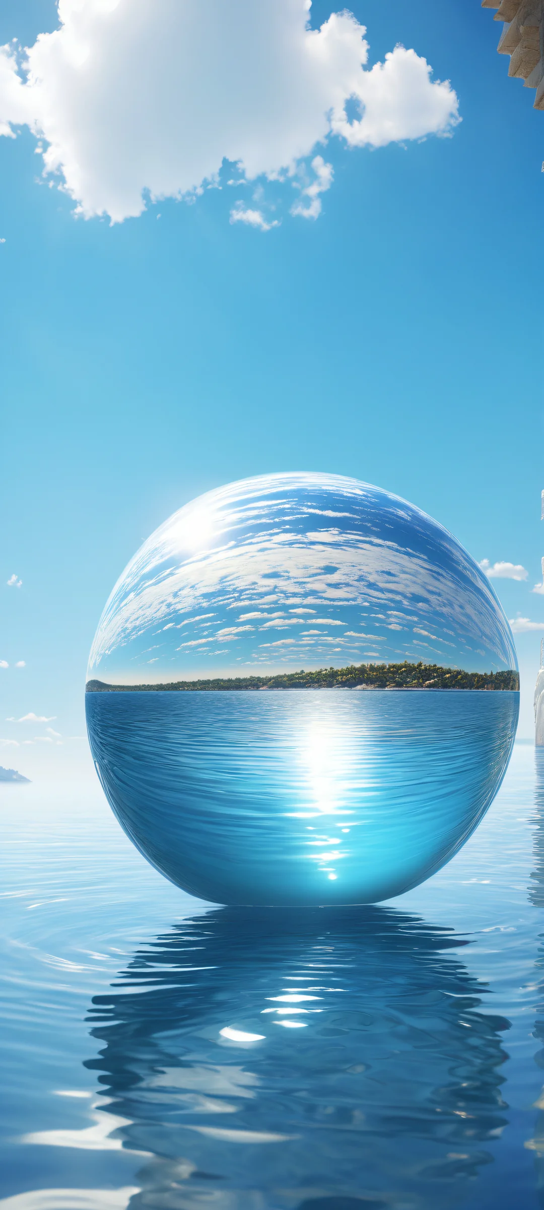 Ethereal artwork of a sphere on a serene background featuring a tranquil morning sky and reflective water, iPhone/Androidのホーム画面に完全に最適化.