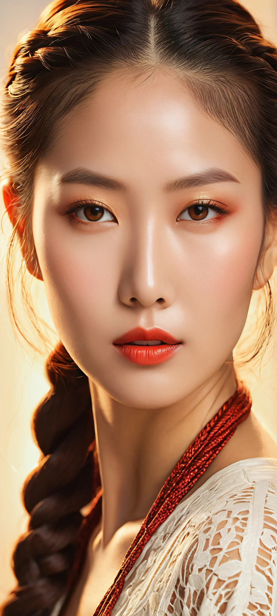 A stunning Asian woman portrait with intricate braids and texture, perfekt optimiert für iPhone- und Android-Startbildschirme.