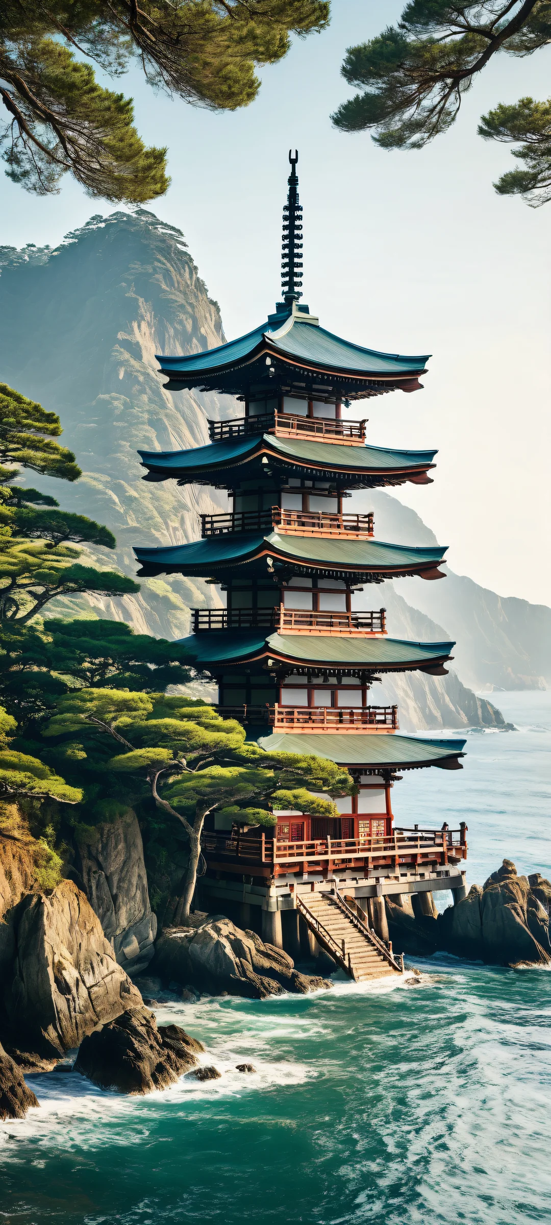 iPhone and Android mobile wallpaper featuring a breathtaking vertical portrait of a Shinto shrine against a serene ocean backdrop, with intricate details and radiant lighting.