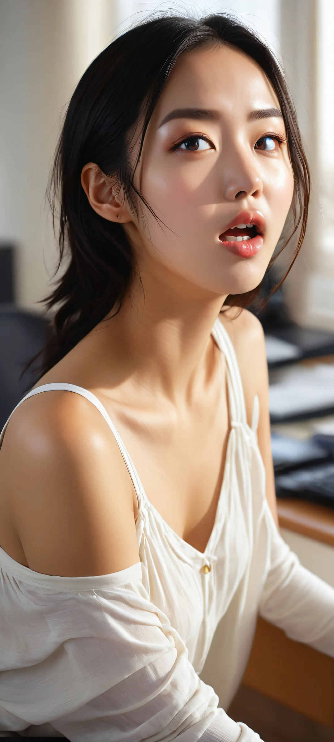 Anime girl portrait on a dark mode office desk, iPhone/Android compatible.