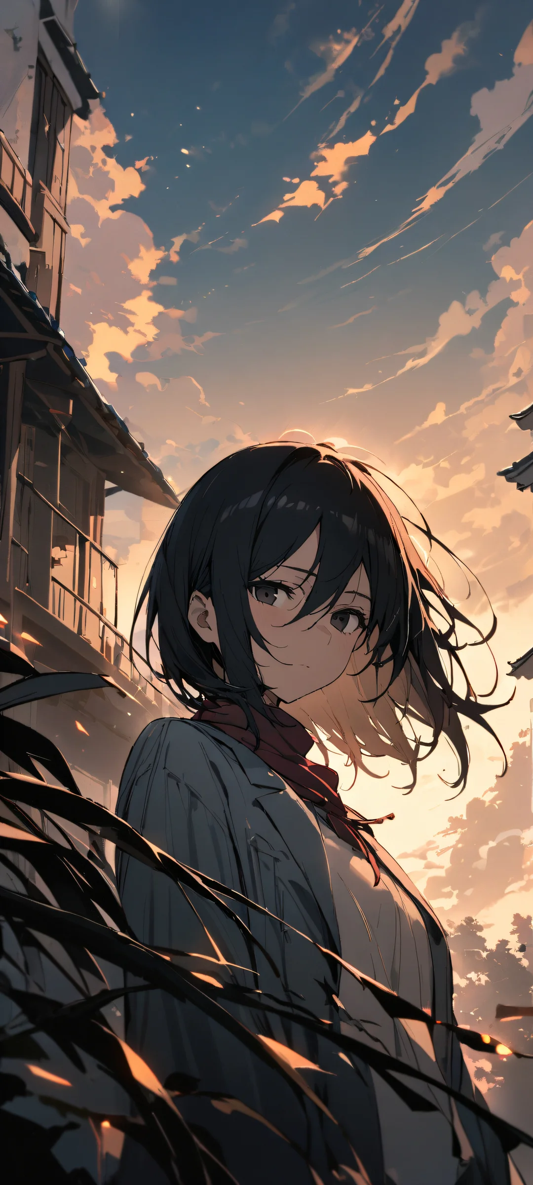 Mikasa Ackerman from Attack on Titan looks directly at the viewer on a clean and empty background, perfect for iPhone/Android home screens.