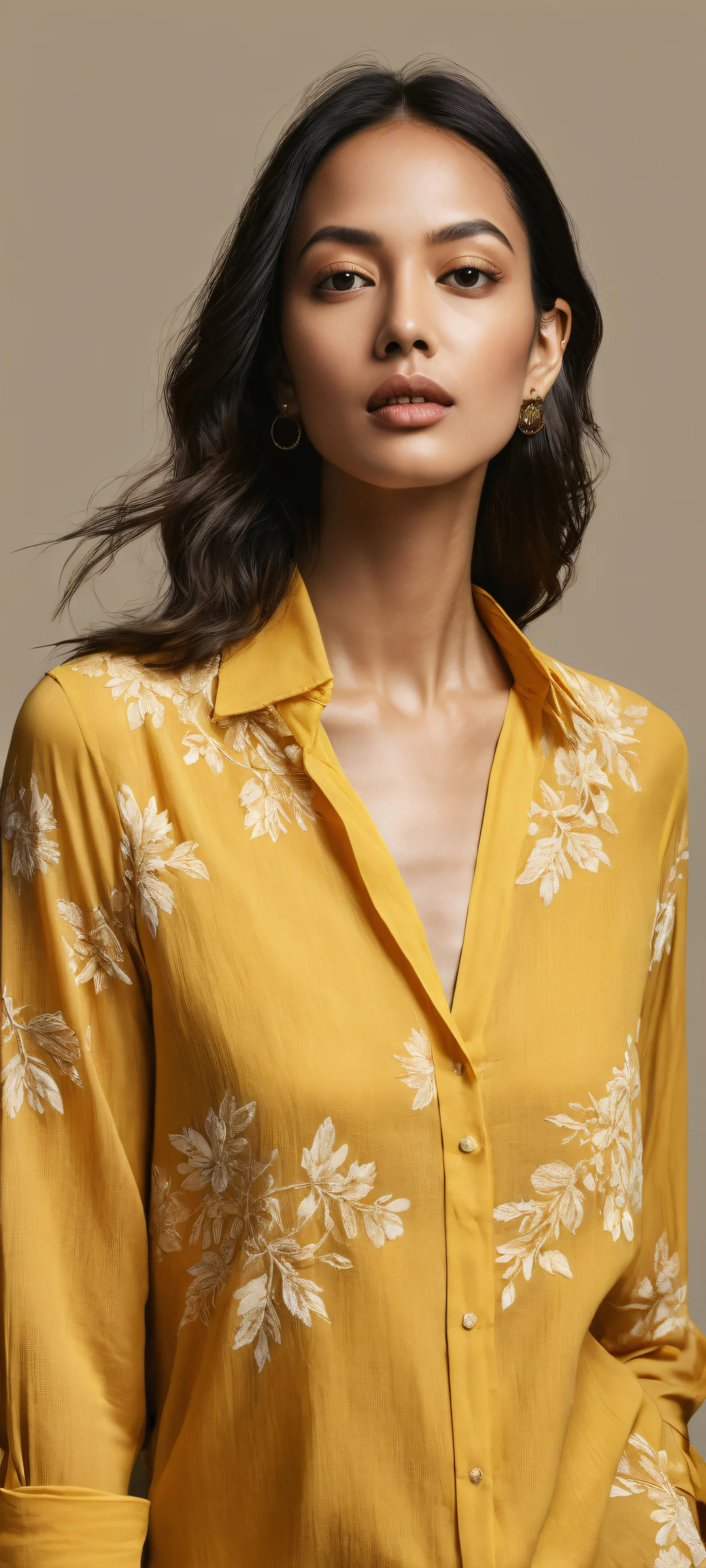 Serenity's Gentle Glow Aesthetic Phone Wallpaper iPhone/Android wallpaper featuring a serene woman with intricate details in a yellow blouse, set against a vast void for UI widgets to breathe comfortably.