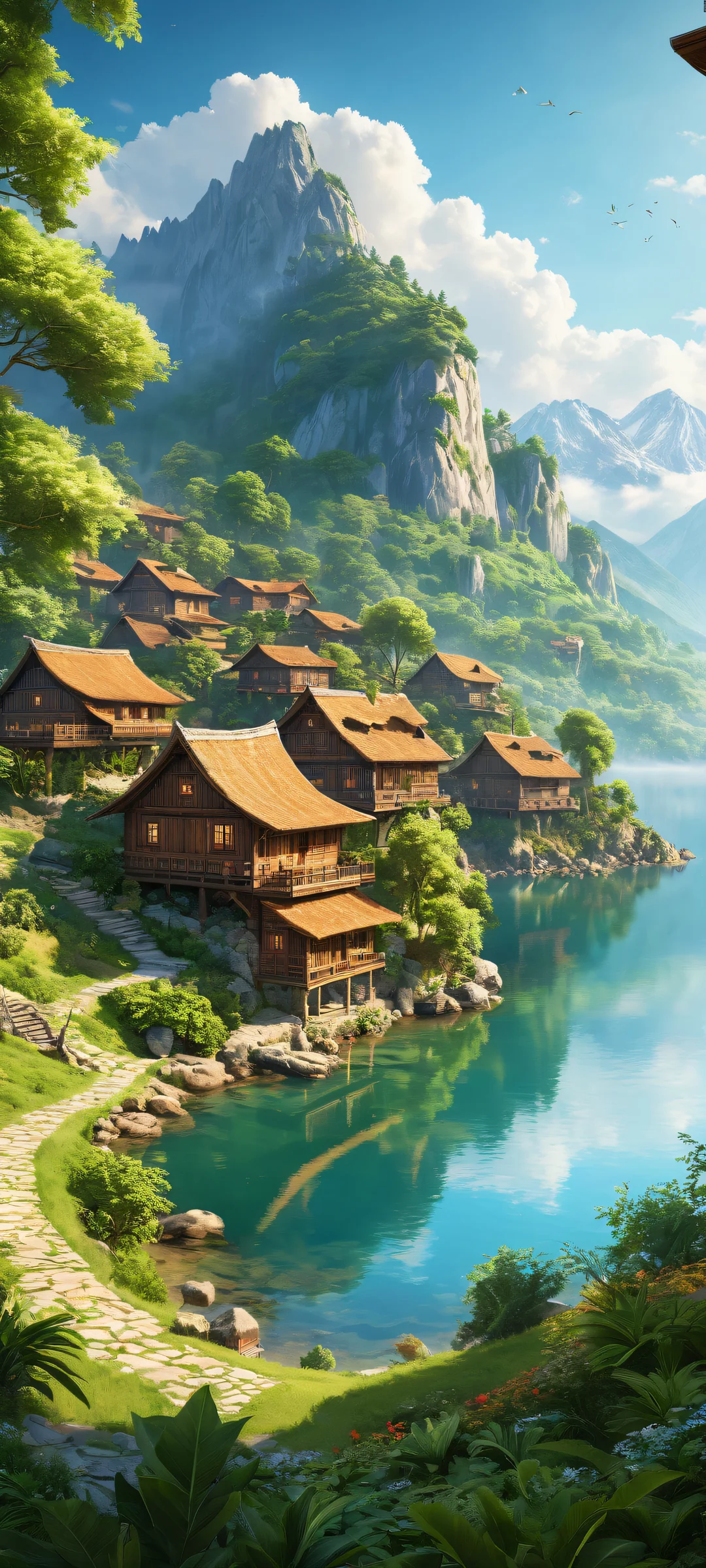iPhone/Android serene village landscape with wooden houses, misty lake, and majestic mountains in the distance, featuring award-winning digital art and stunning visual impact.
