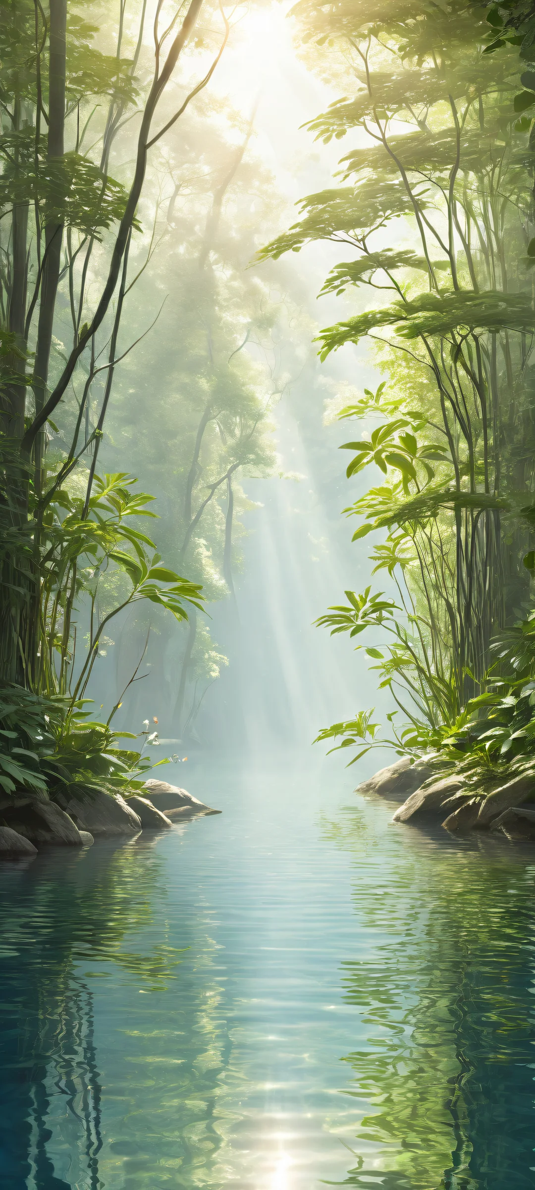 Ethereal plants placed in the lower-middle with intricate micro-details against a perfectly clean and empty top half, reflecting the lake's calm waters below. Perfectly optimized for iPhone, Samsung Galaxy, and Android home screens.