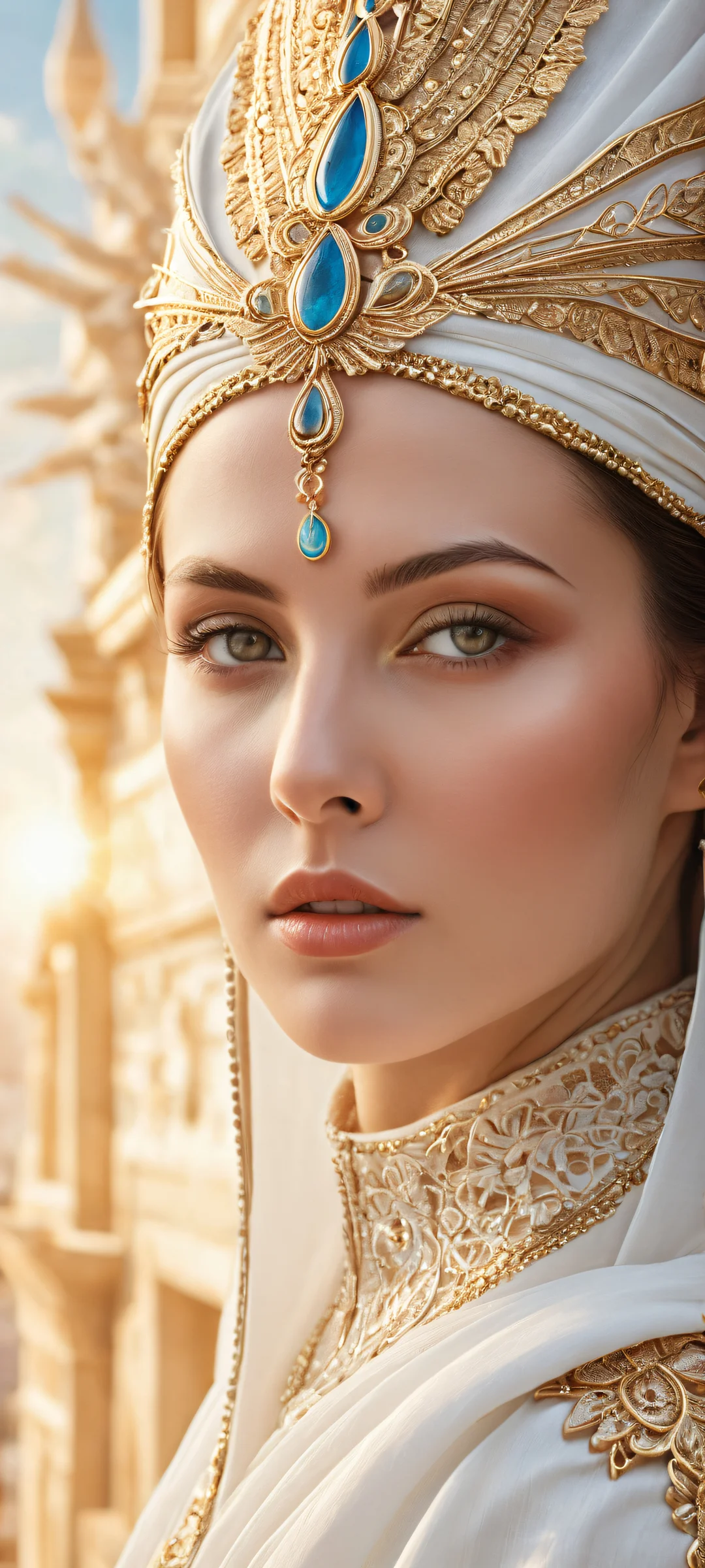 A beautifully rendered portrait of a face with intricate architecture in the background, perfeitamente otimizado para telas iniciais de iPhone e Android.