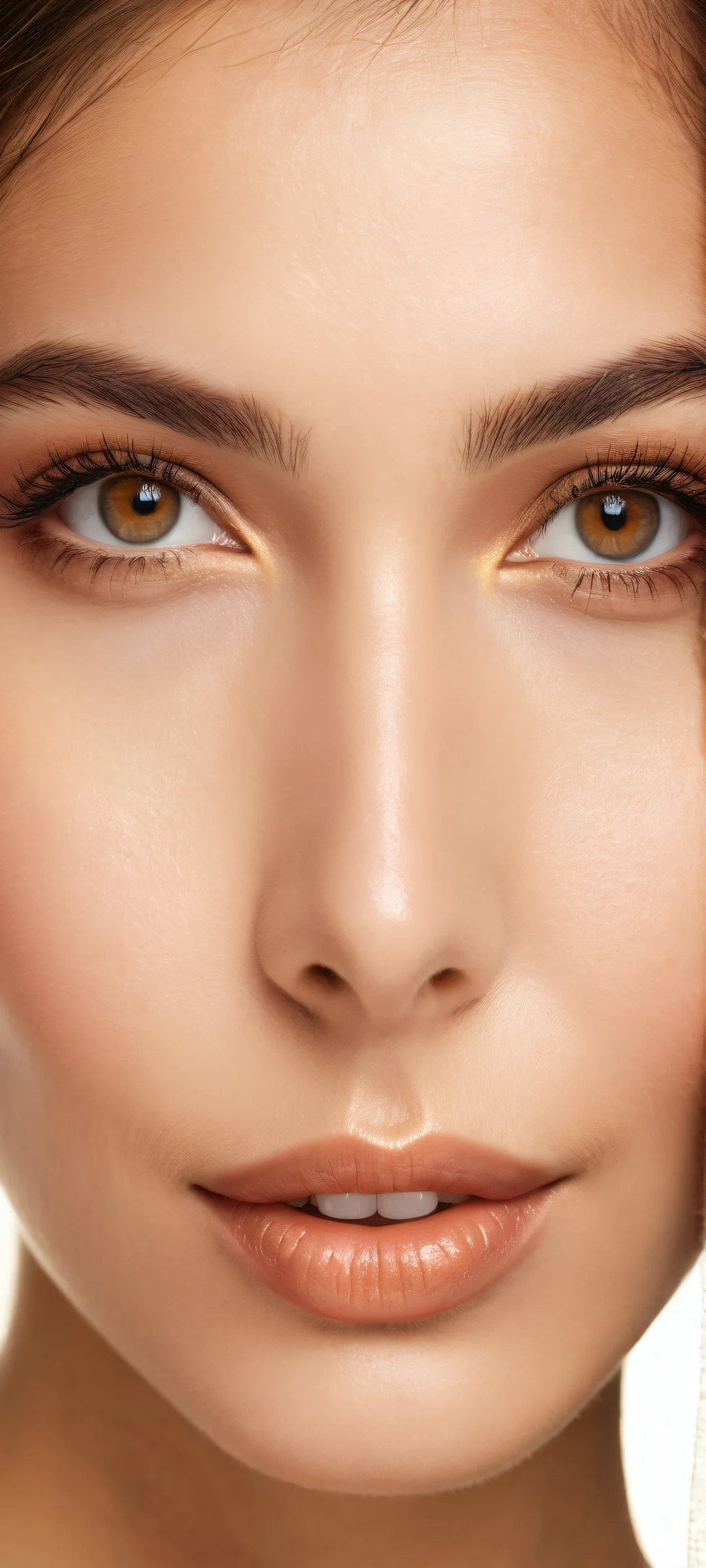 Serenity's Radiant Smile Aesthetic Phone Wallpaper A stunning young woman with intricate eye details and a warm smile on iPhone/Android devices.