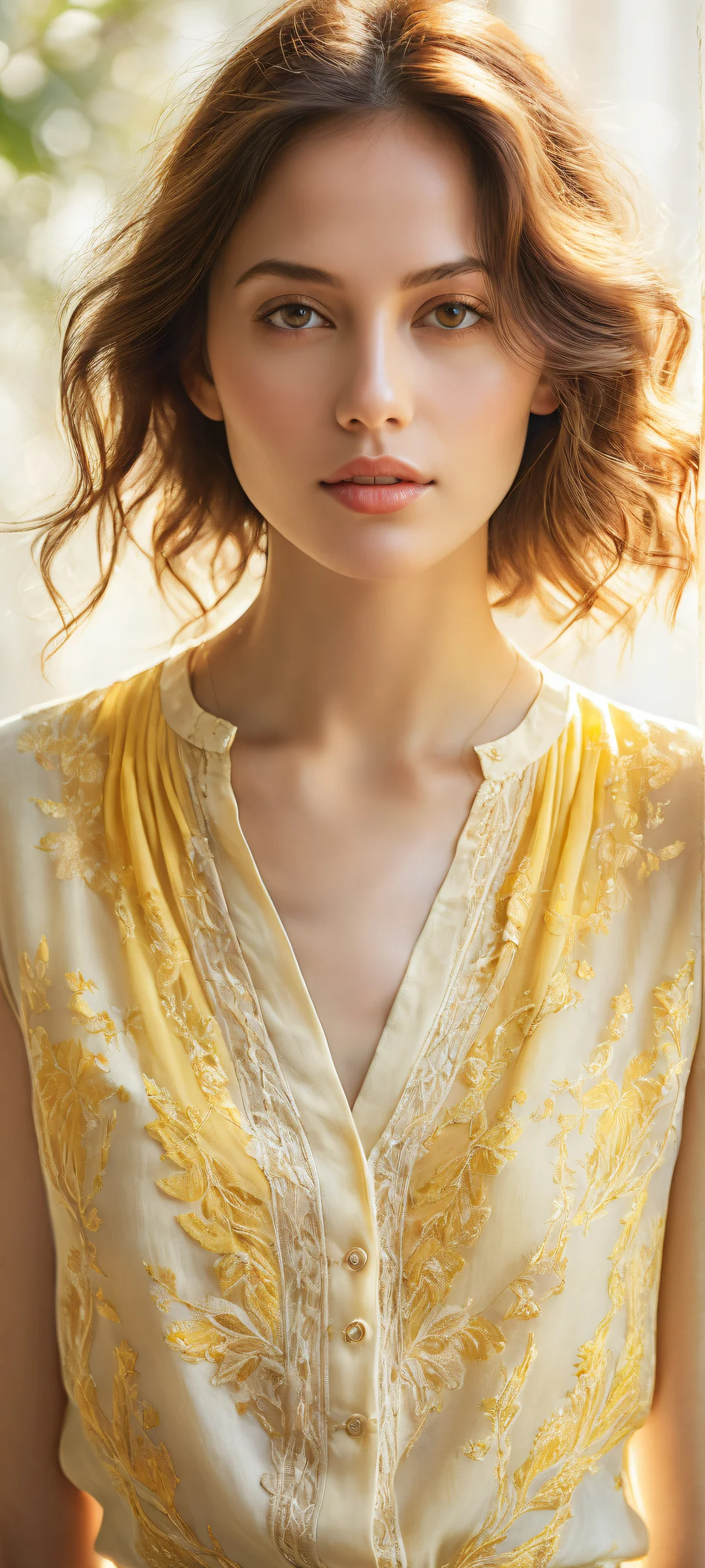 A breathtaking vertical portrait of a woman with intricate details on her yellow blouse, perfectly capturing the essence of soft shading and light, reminiscent of painterly watercolor sketches. Perfect for iPhone/Android home screens.