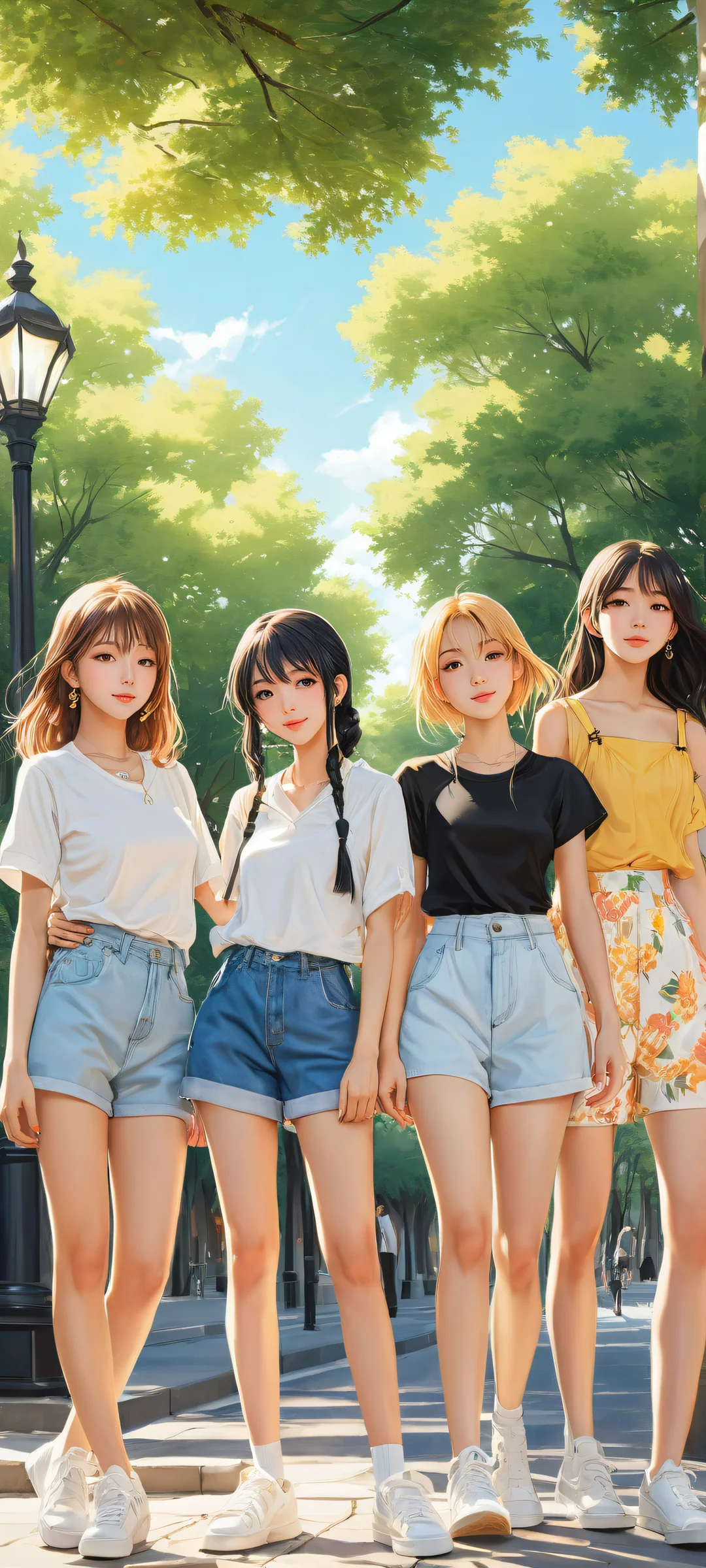 A group of anime girls gazing directly at you from a serene summer park scene on your iPhone/Android device.