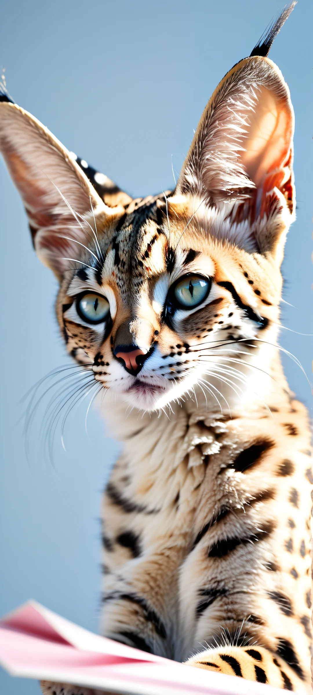 A curious Serval holding a '?' sign on iPhone/Android home screens, with radiant colors and ray-traced reflections.