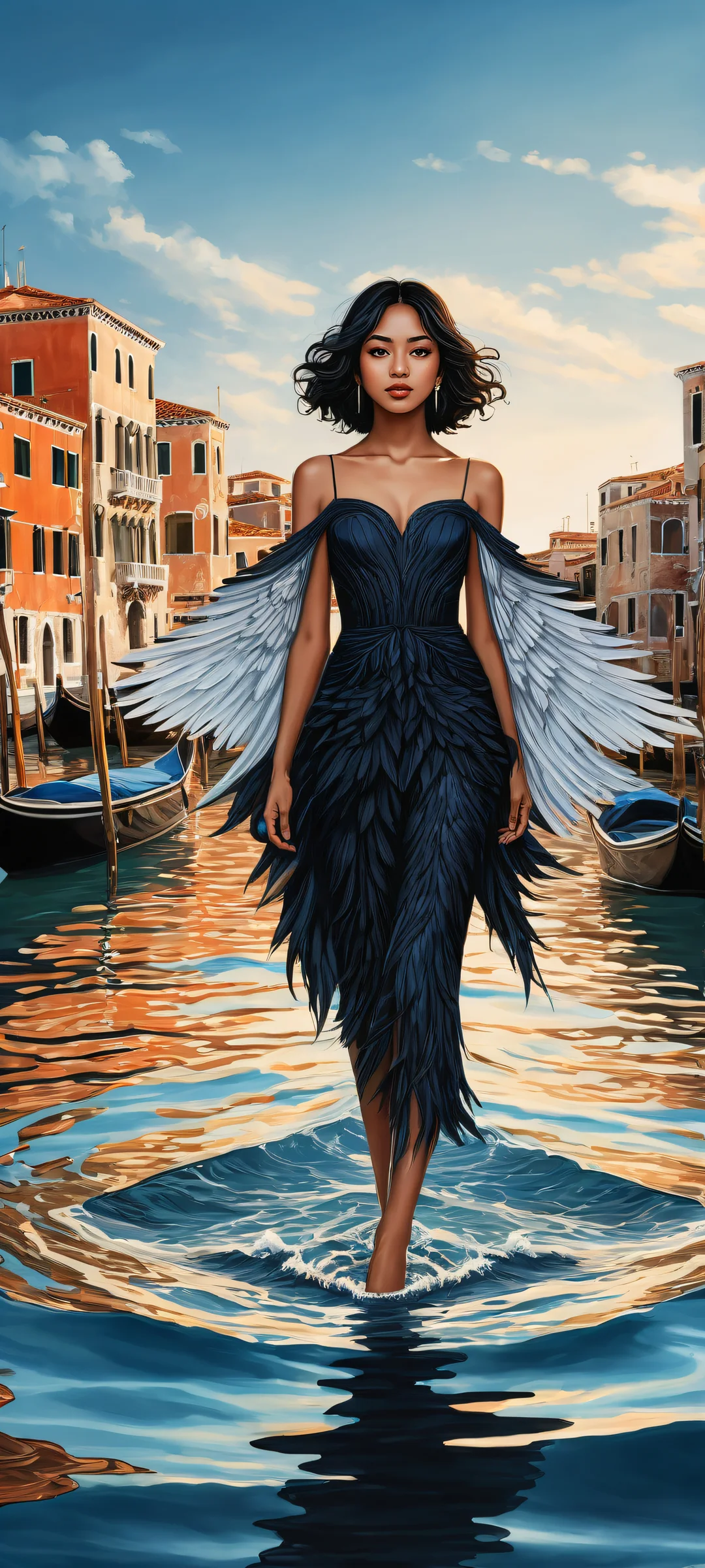 Shameimaru Aya standing on one leg amidst sea waves and boat ripples, iPhone/Android