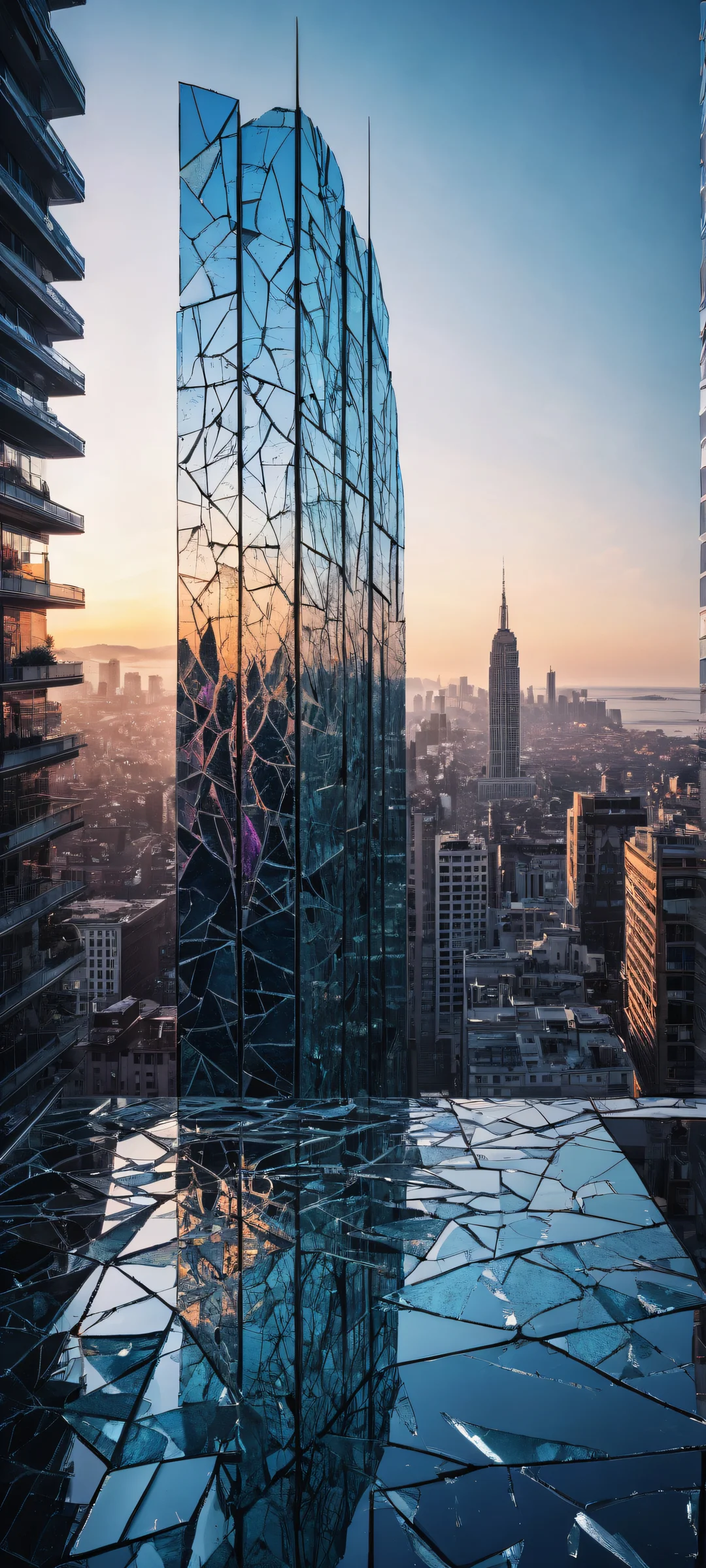 A shattered mirror with intricate reflections of despair, perfectly clean top half for UI, and a desolate cityscape at dusk on iPhone/Android.