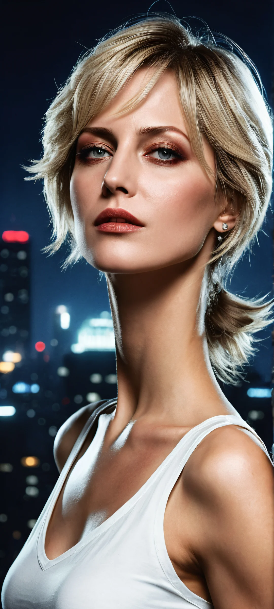 Portrait of Sherry Birkin against a minimalist cityscape on iPhone/Android