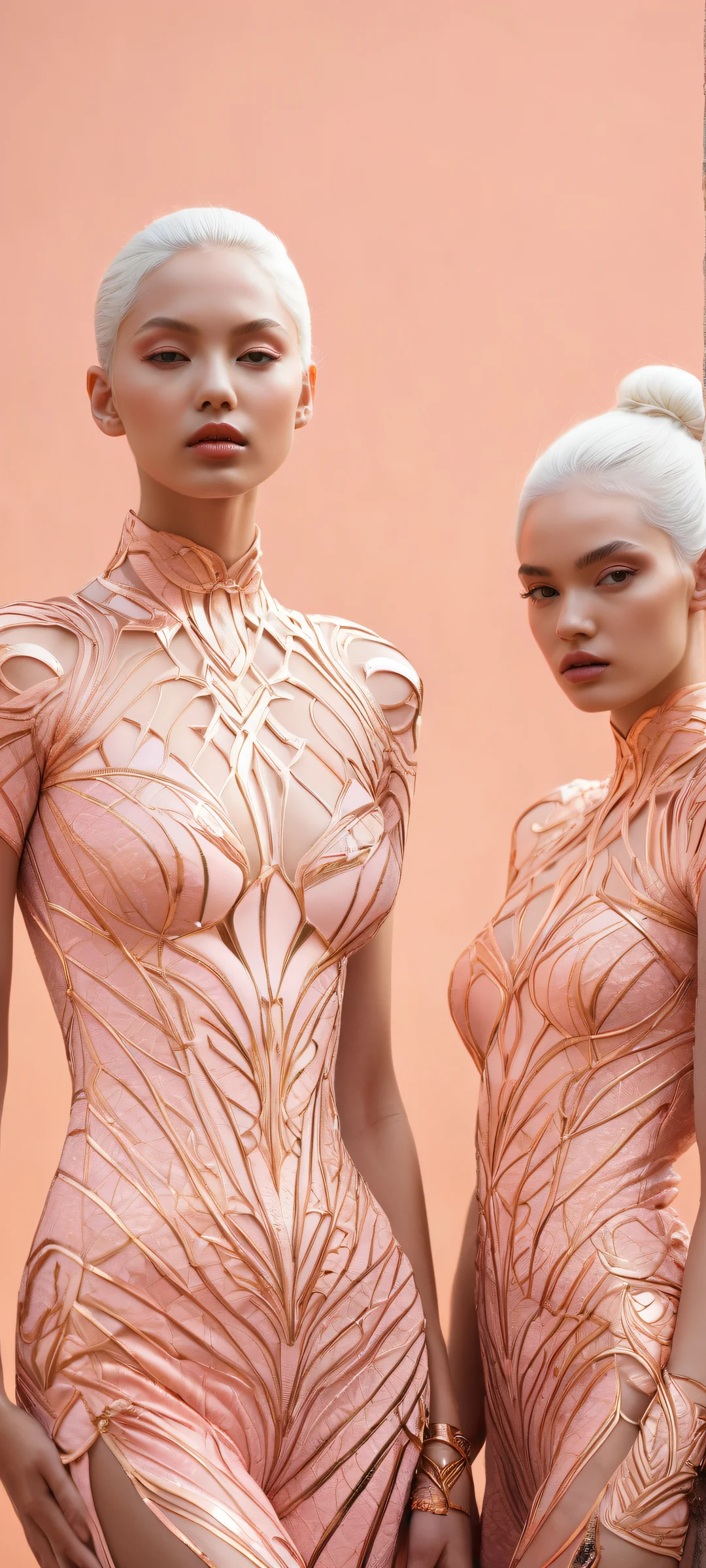 Two girls pose with intricate shiny skin details on a clean and empty top half, seamlessly transitioning to a detailed background. Perfect for iPhone/Android home screens.