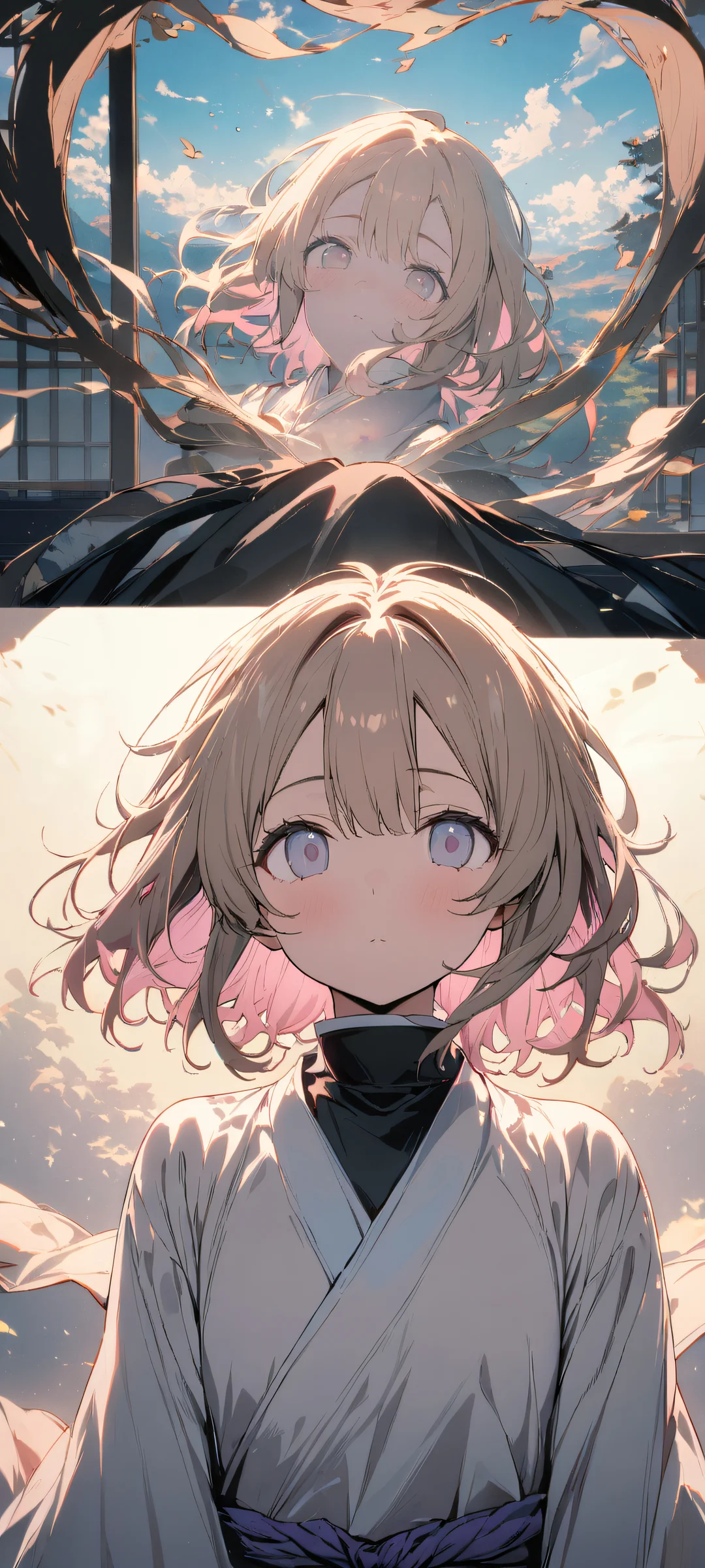 Beautiful portrait of Shinobu Kocho from Demon Slayer, parfaitement optimisé pour les écrans d'accueil iPhone et Android, looking directly at the viewer with a sense of serenity.