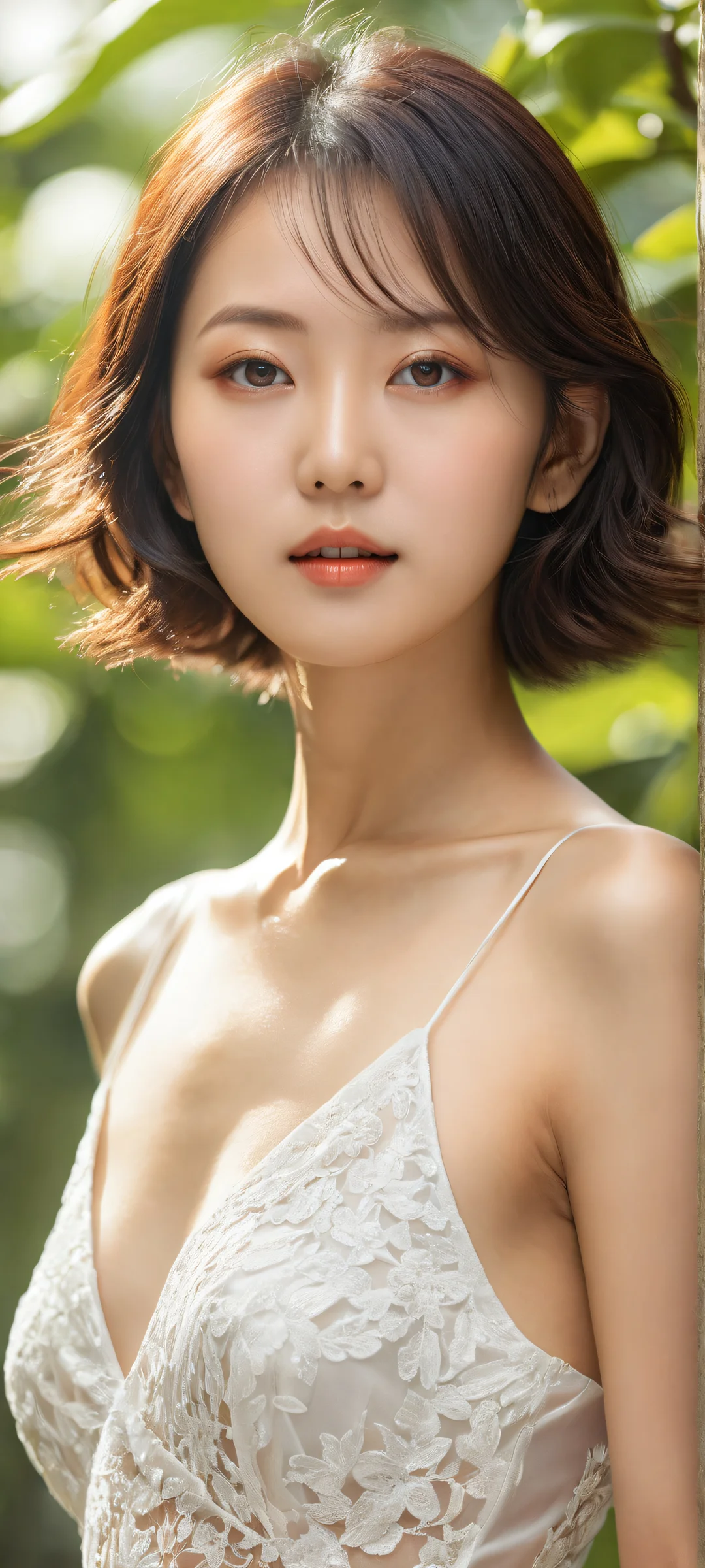 Ethereal portrait of Shinobu Watanabe posing for a photo shoot on iPhone/Android, with intricate details and stunning visual impact.