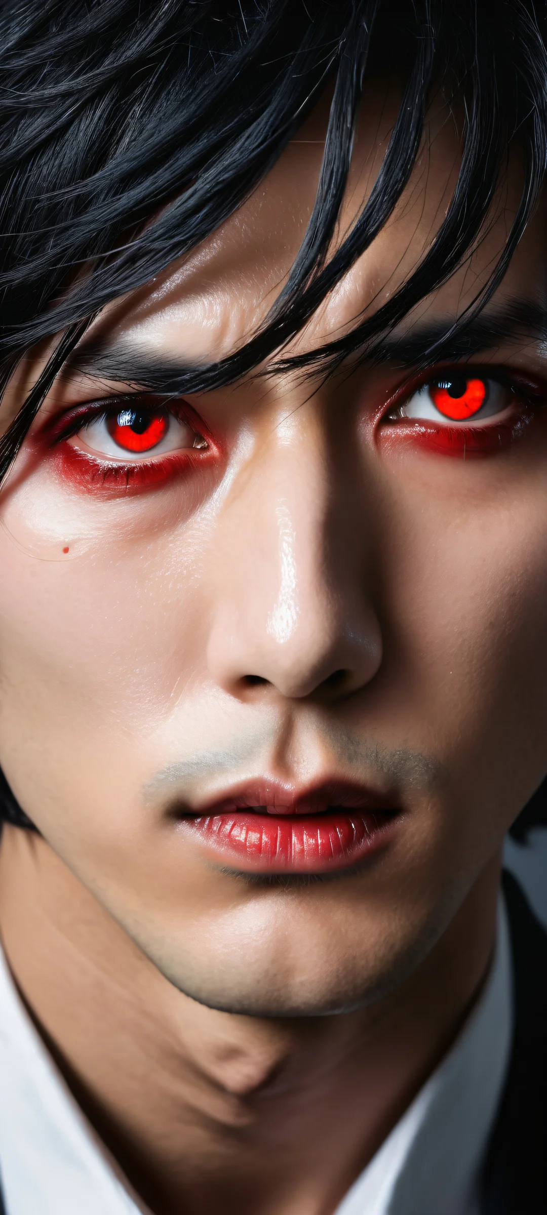 Close-up portrait of Shinra Kusakabe with piercing red eyes on iPhone/Android
