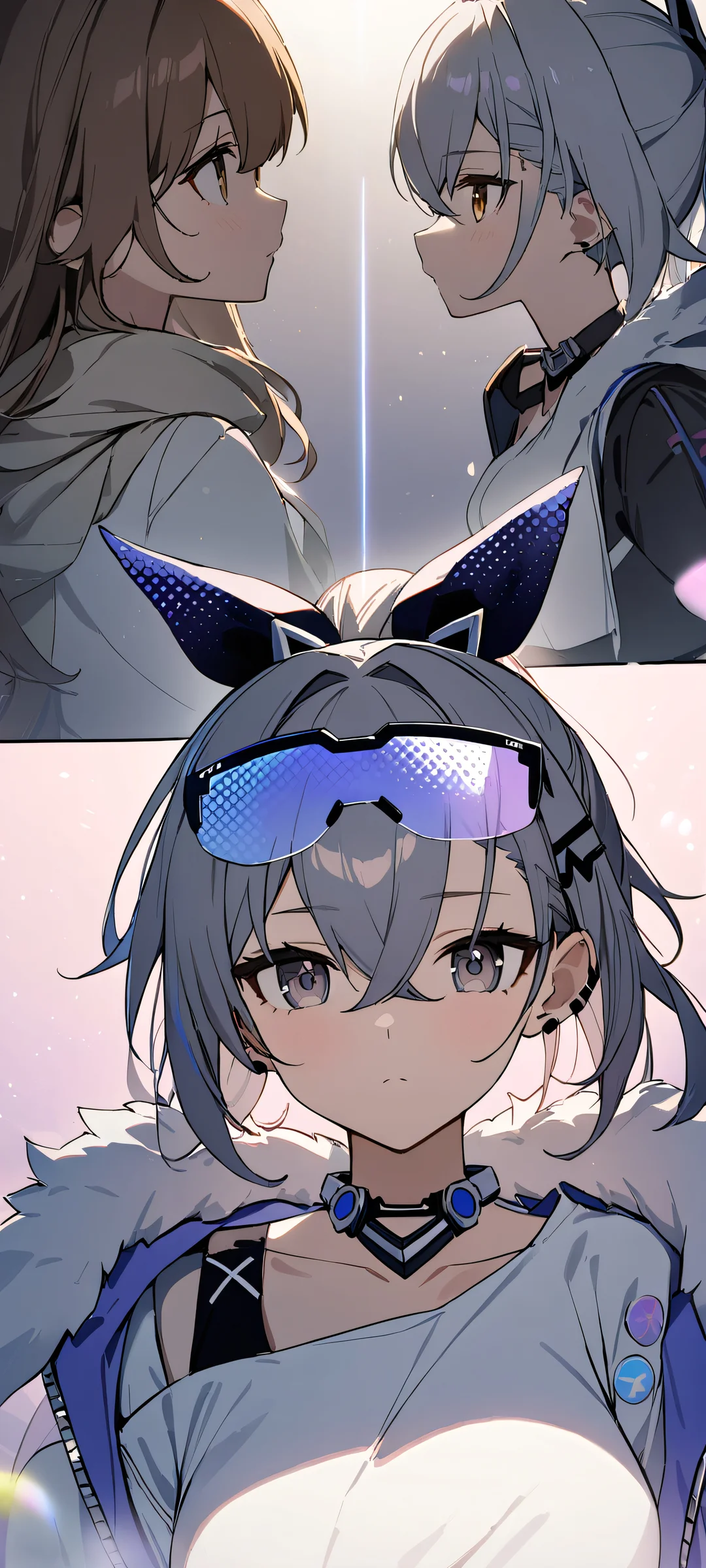 A stunning portrait of a girl with a silver wolf gazing at the viewer, perfect for iPhone or Android home screens.