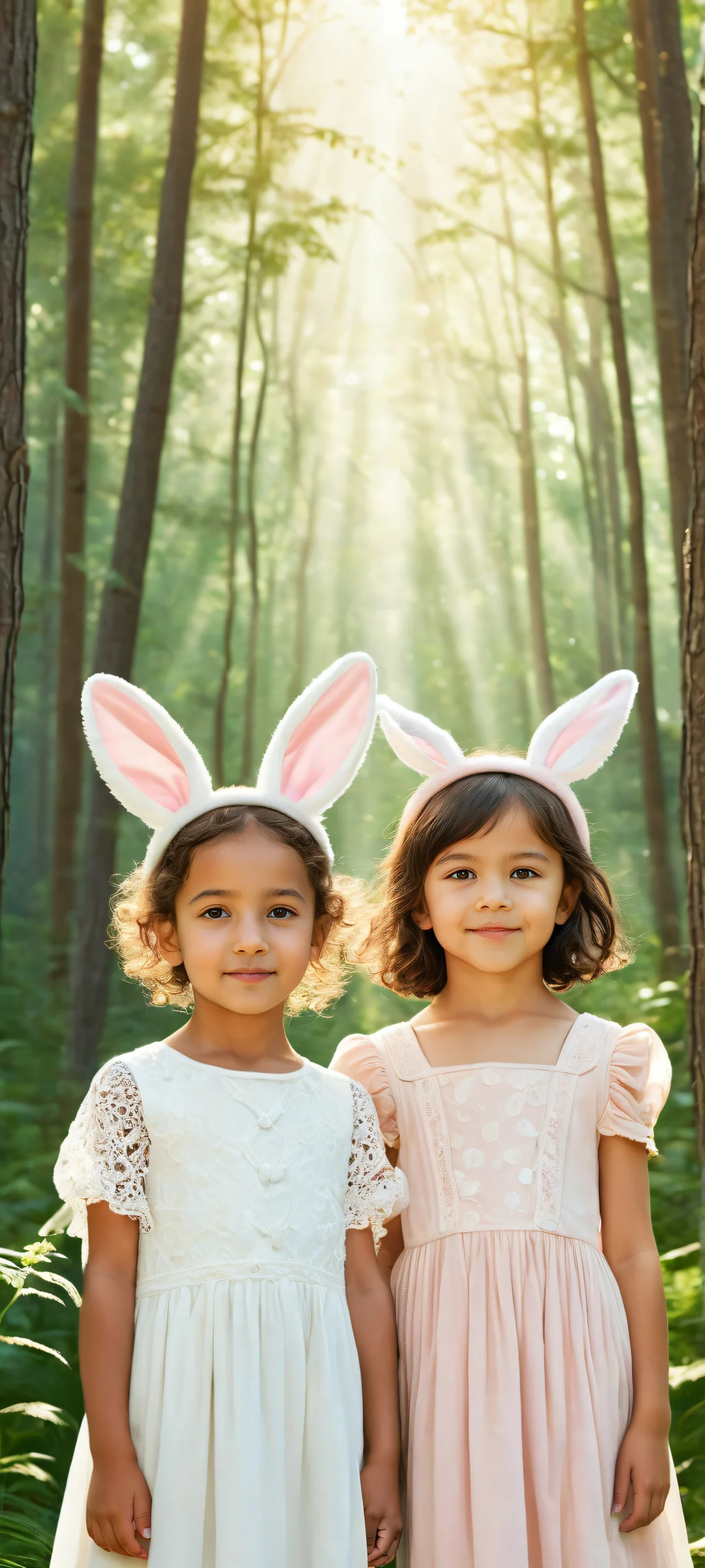 Sisters in Serenity 2K Phone Wallpaperparfaitement optimisé pour les écrans d'accueil iPhone et Android Two adorable girls with animal ears placed in the lower-middle of a serene forest setting, perfectly optimized for iPhone and Android home screens.
