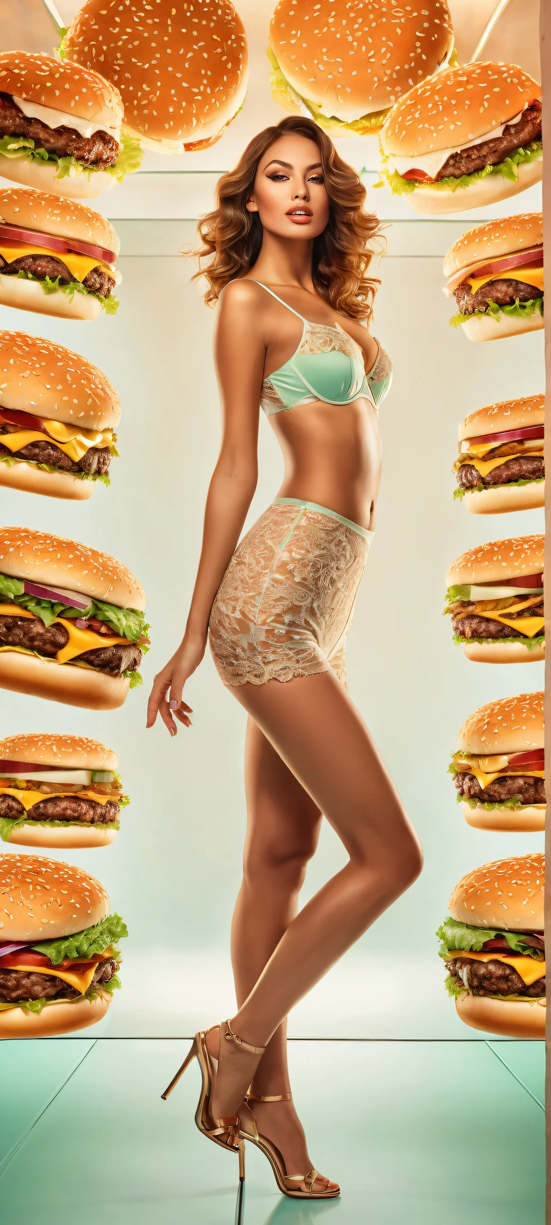 A sizzling hot burger woman on a subtle gradient background, parfaitement optimisé pour les écrans d'accueil iPhone/Android.