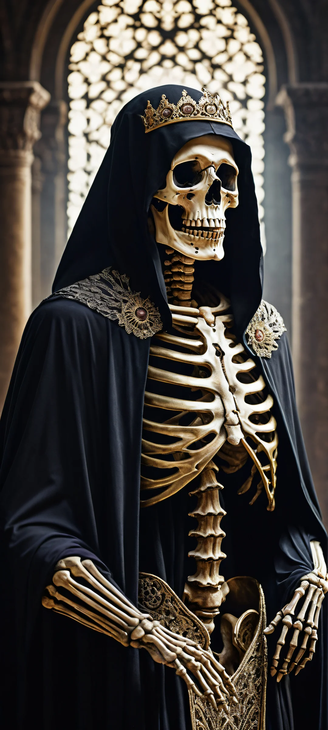 A stunning digital artwork of the skeleton king placed in a throne room, perfectly optimized for iPhone and Android home screens.