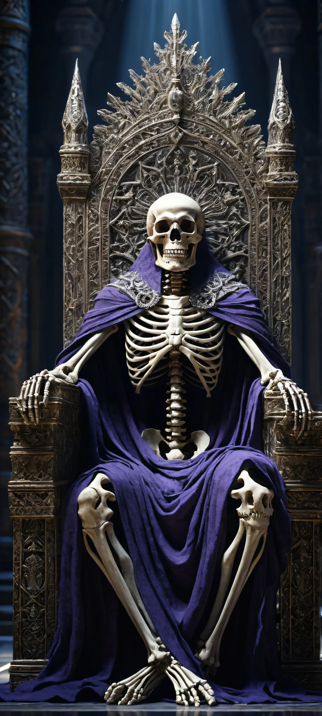 iPhone/Android wallpaper featuring the skeleton king in an ancient throne room with a radiant midnight glow.