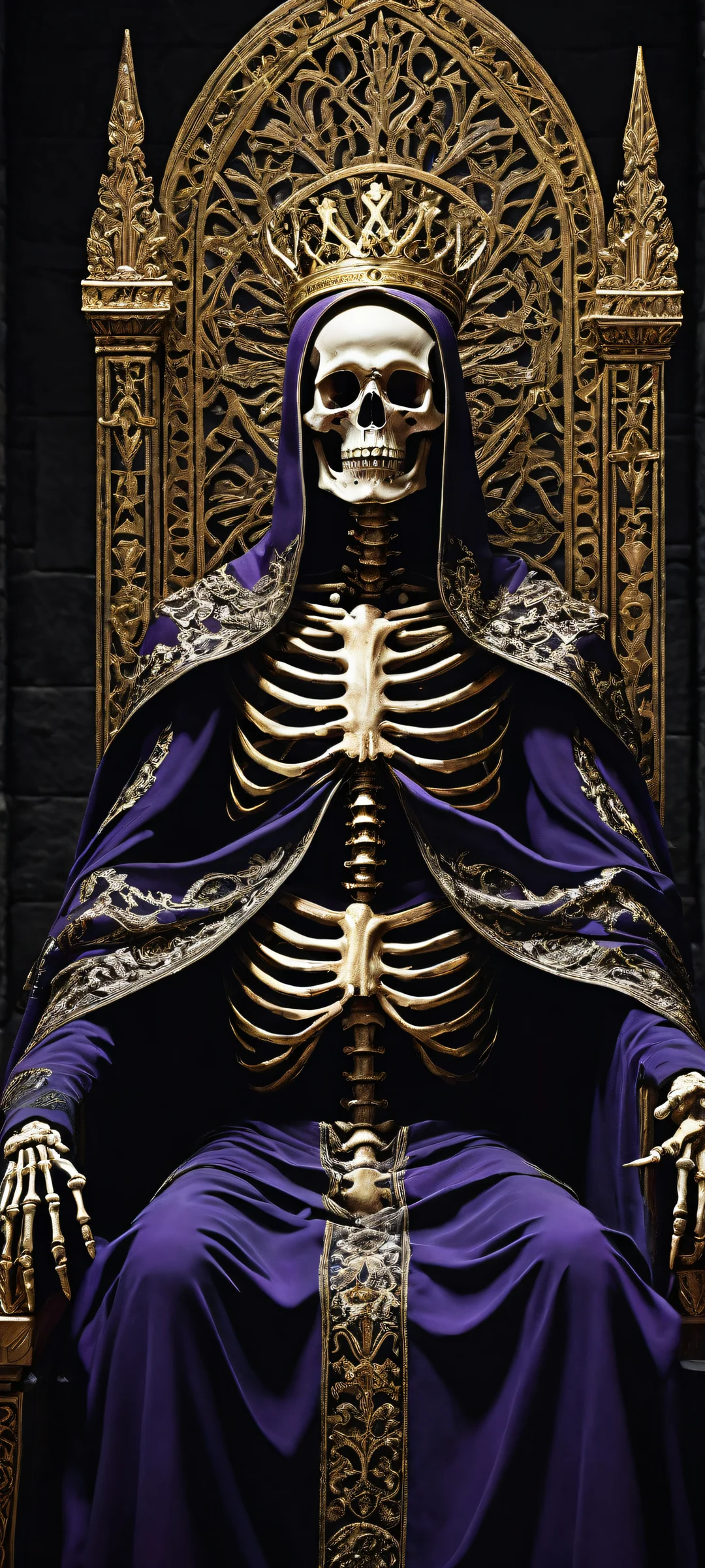 The Skeleton King sits upon his ancient throne, surrounded by the mystery of a worn stone room, perfekt optimiert für iPhone- und Android-Startbildschirme.