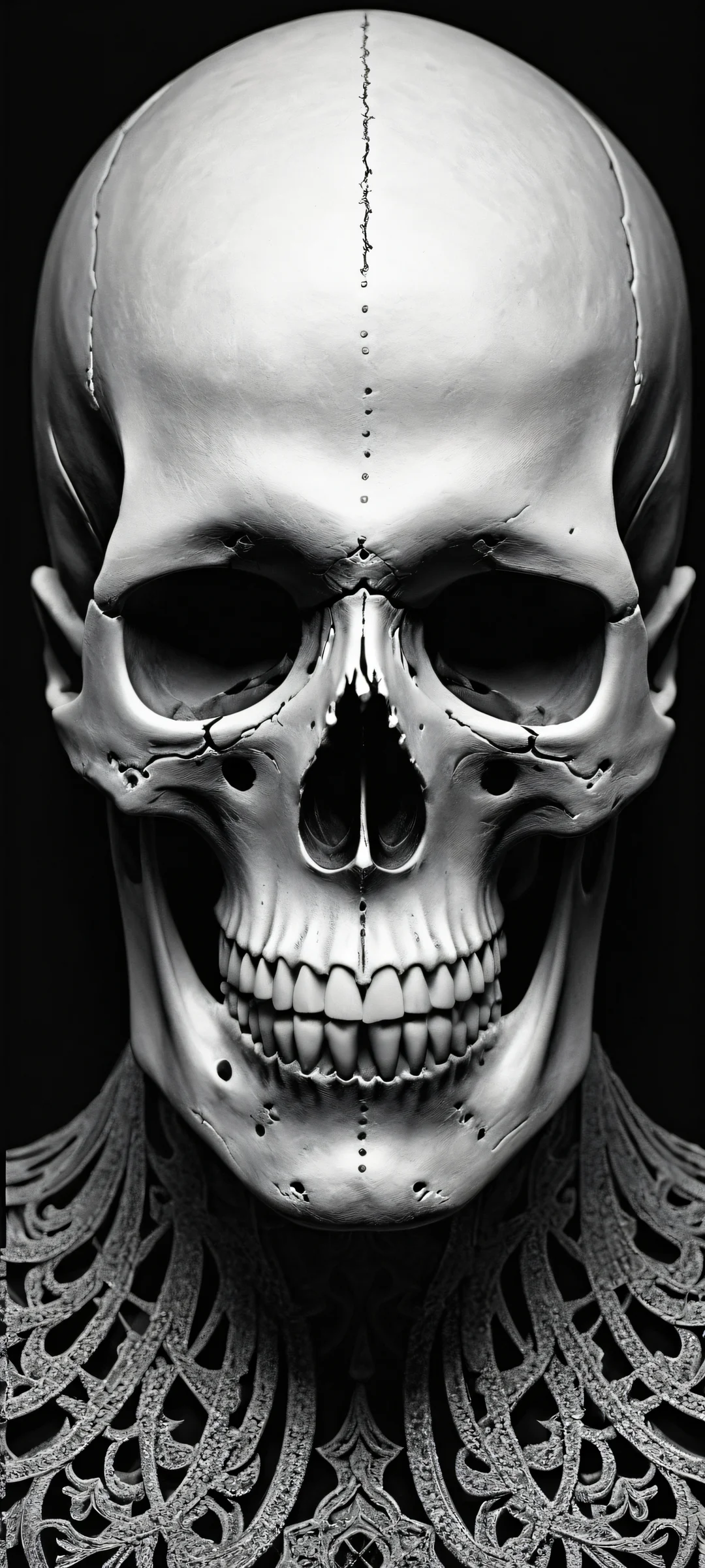 Skull Oasis iPhone & Fond d'écran Android iPhone/Android exclusive artwork featuring a skull in the lower middle with intricate details against a pure void background, perfect for dark mode home screens.