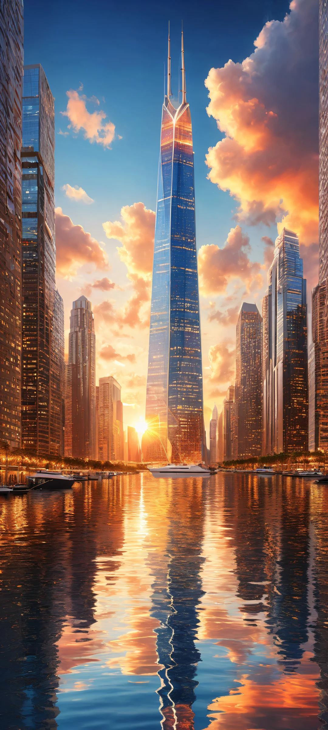 Ethereal skyscraper artwork with iPhone/Android compatible design for a breathtaking urban elegance wallpaper, featuring intricate micro-details of city lights and boat reflections.