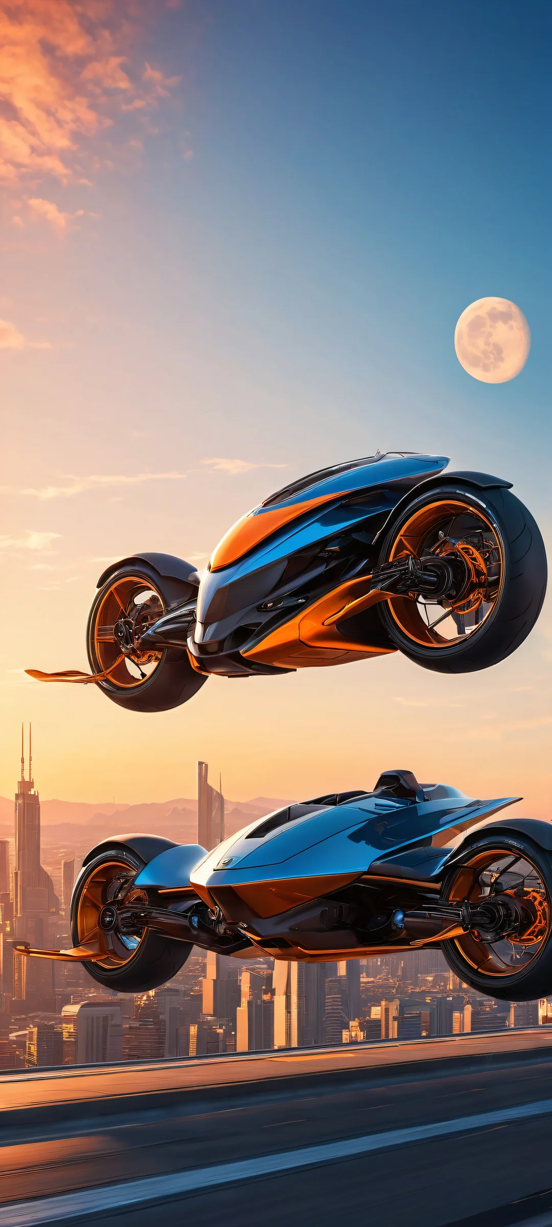 A futuristic hoverbike scene for iPhone/Android - Explore the city's skyline as sunset approaches, with the Moon shining bright in the distance.