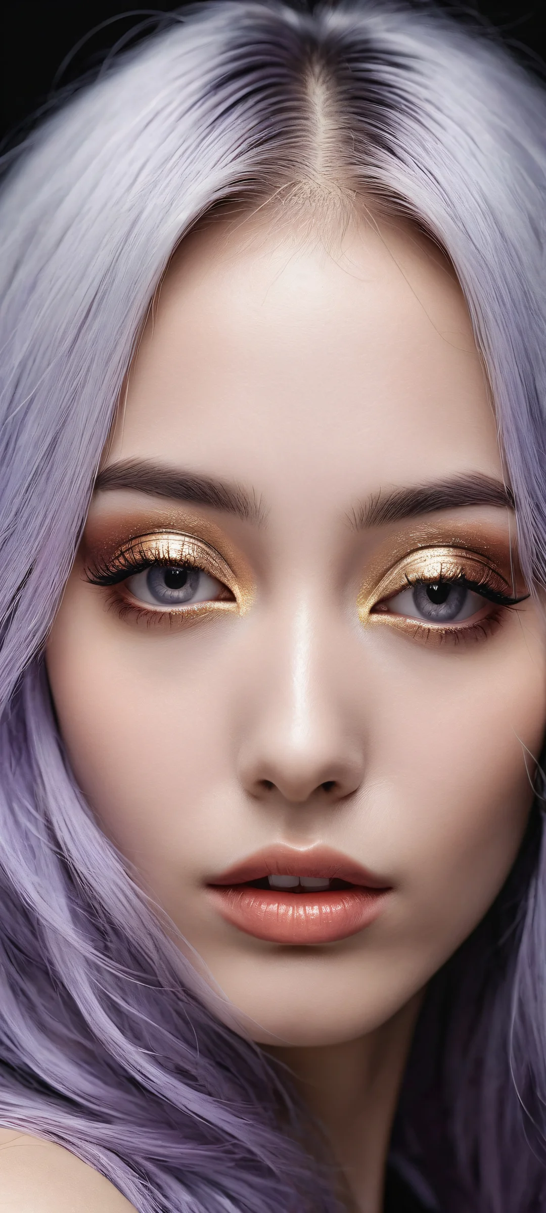 A stunning digital artwork of a refined girl with intricate silver and lavender hair, perfectly optimized for iPhone/Android home screens.