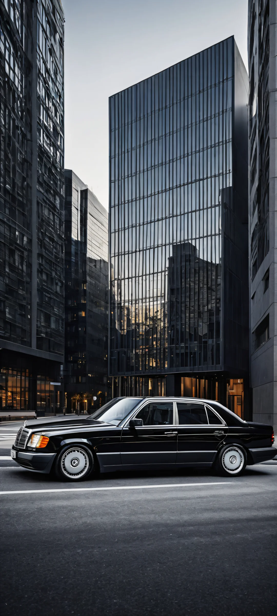 A Mercedes-Benz W124 stands majestically against a backdrop of architectural details, showcasing perfect blacks and luminescent accents on an iPhone/Android home screen.